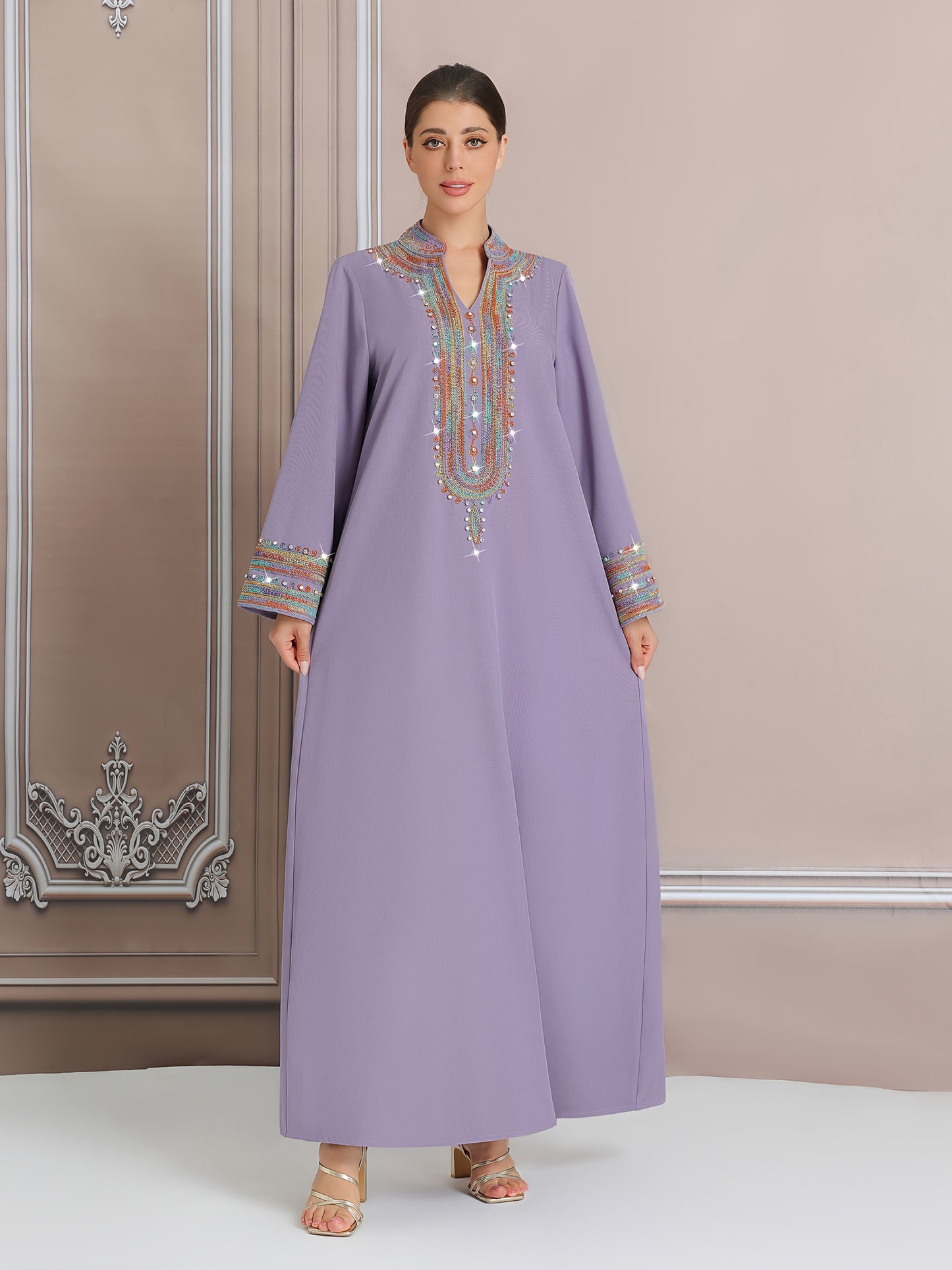 Women's Embroidered Long Kaftan Modern Abaya, Polyester 100% Regular Sleeve, All Season, Woven, 260g/m² Fabric Weight, Tribal Pattern, No Belt, Regular Fit