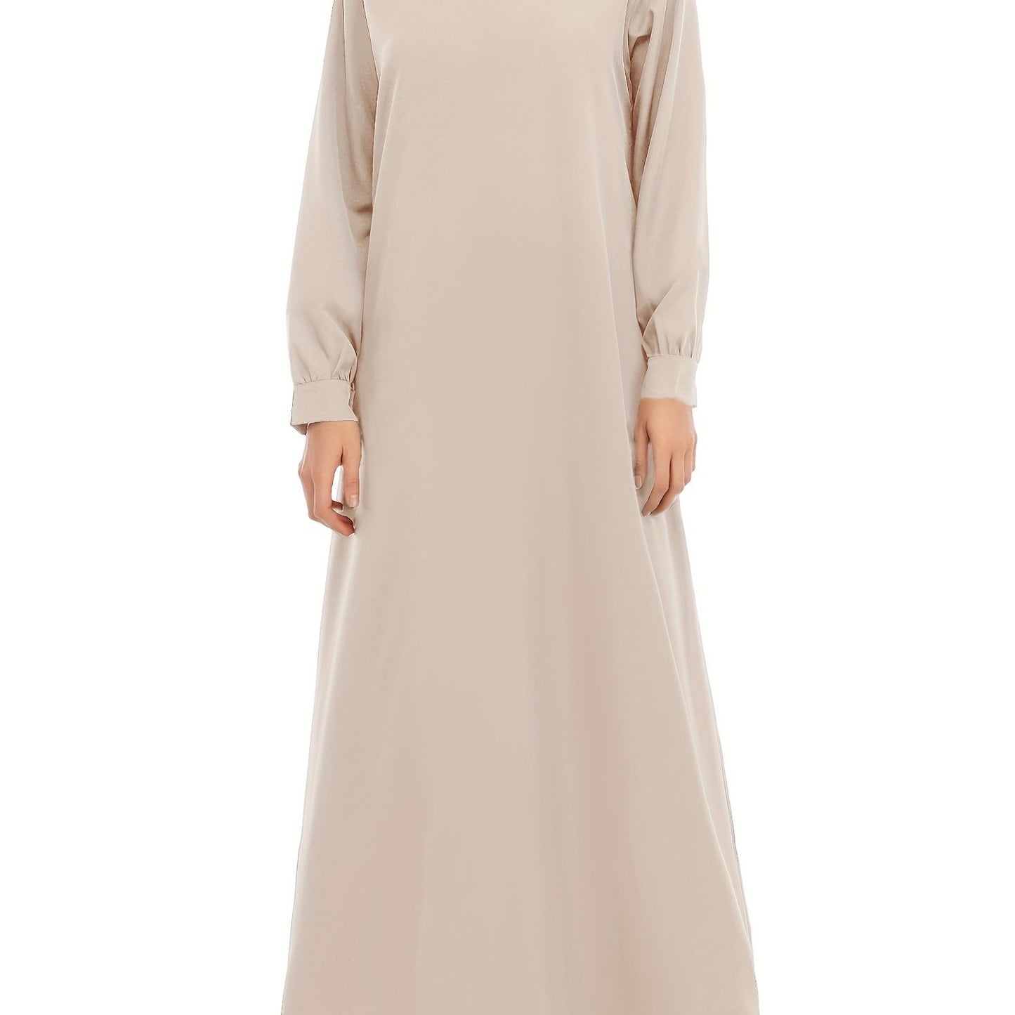 Ramadan Crew Neck Long Sleeve Modest Arabic Abaya, Solid Color Zipper Maxi Length Dress, Women's Clothing