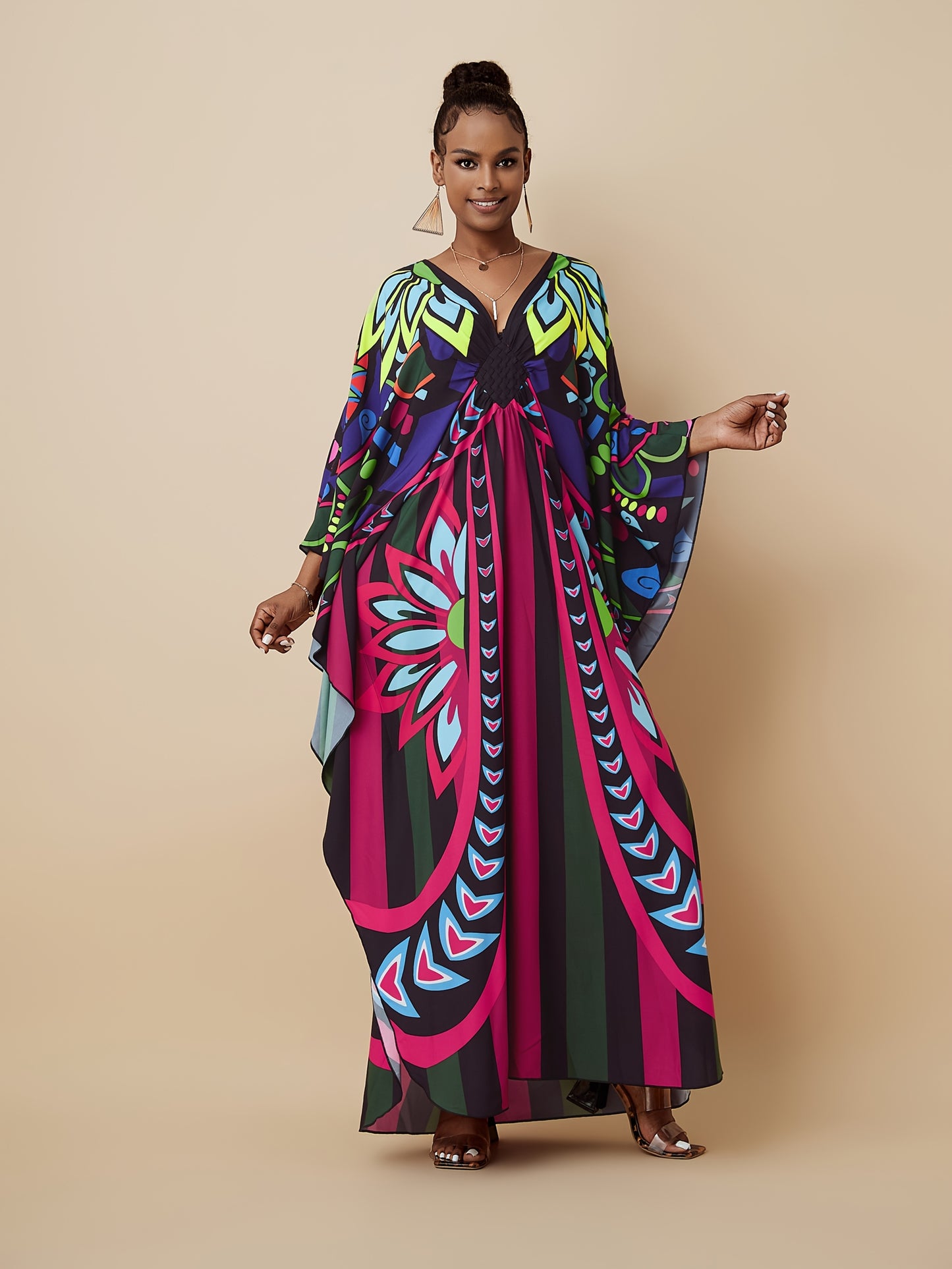 Plus Size - V-neck Kaftan Slit Women's Dress Party Outfit Summer Cover Up Dress Onesize Butterfly Abaya