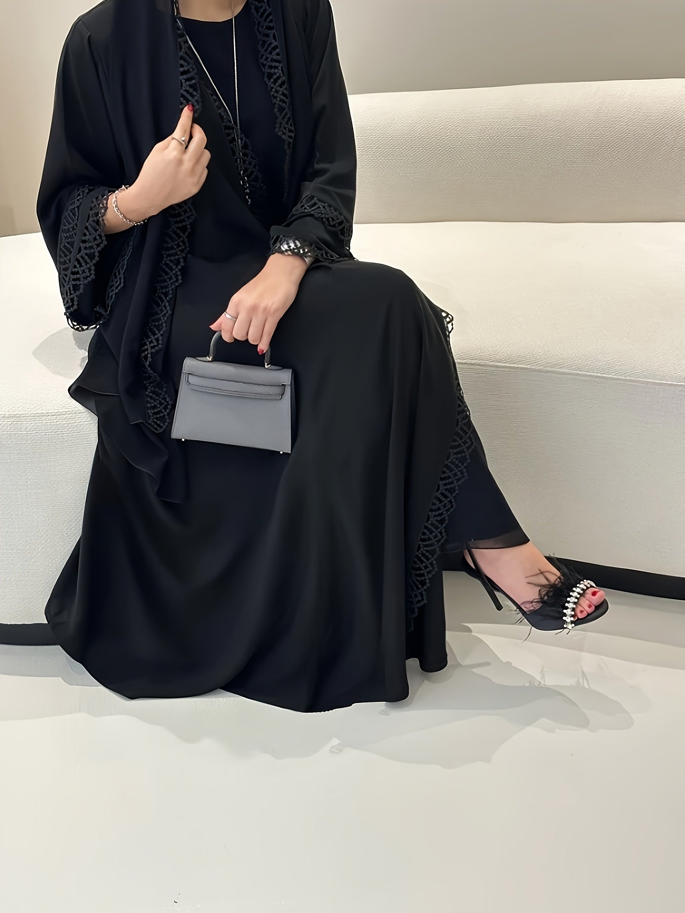 2pcs Muslim Kaftan Abaya Set with Lace Trim | Plus Sleeveless Vest Skirt, Headscarf, for Ramada