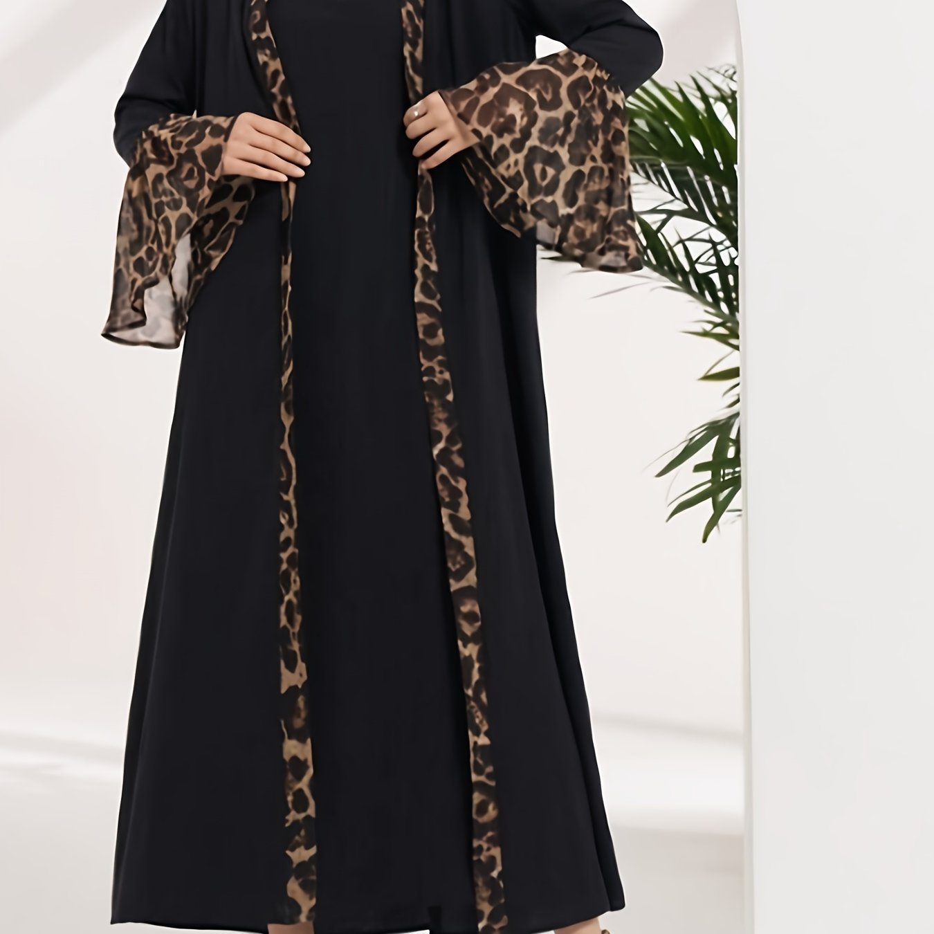 Plus Size, Graceful Women's Two-Piece Long Dress Set with Leopard Print Patchwork, Middle Eastern Pakistani Abaya Muslim Abaya 2pcs Long Sleeve Jumpsuit Casual Elegant Robe