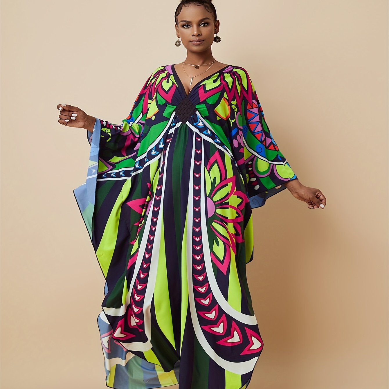 Plus Size - V-neck Kaftan Slit Women's Dress Party Outfit Summer Cover Up Dress Onesize Butterfly Abaya
