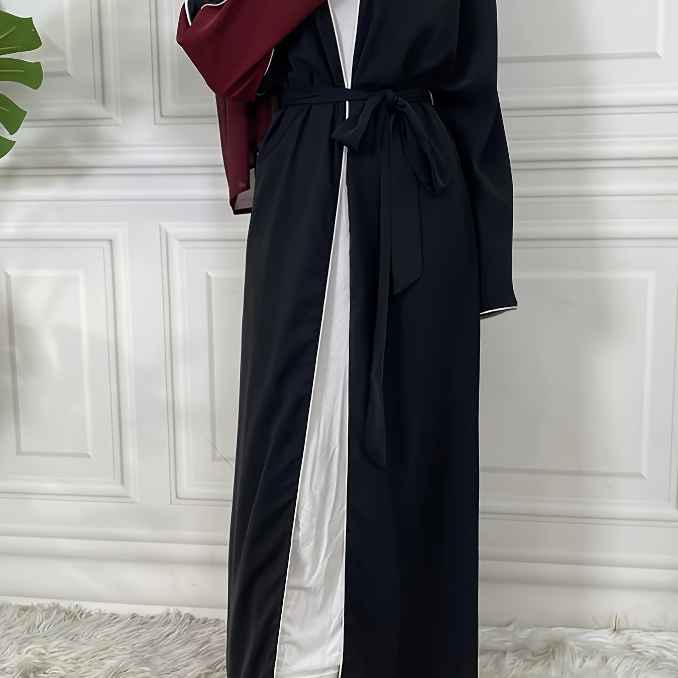 Women's Elegant Patchwork Batwing Sleeve Open Abaya - Long Sleeve, Button-Up Front, Lightweight Polyester, Perfect for Spring & Fall Casual Wear, Stylish Outdoor Attire | Breezy Abaya