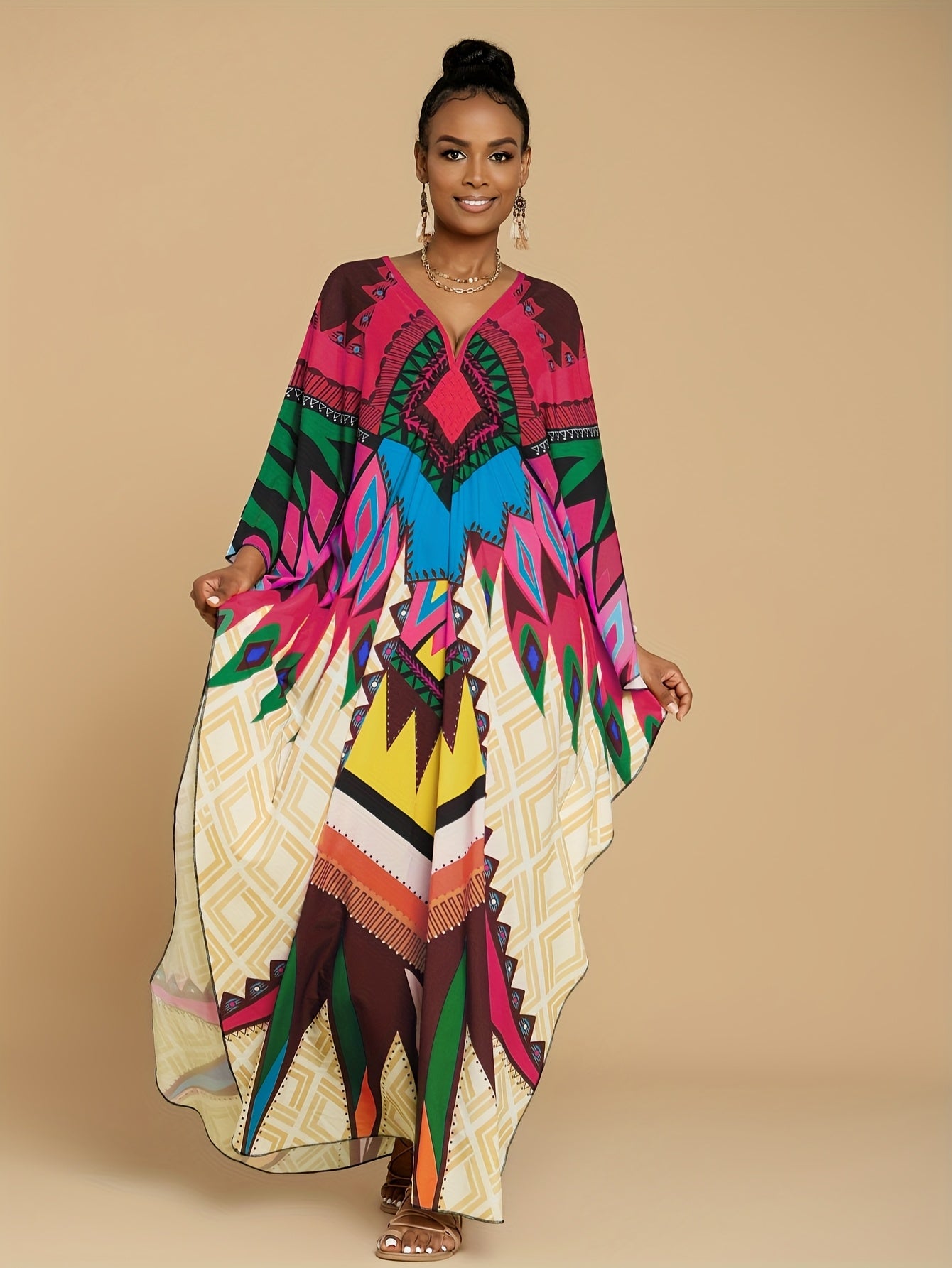 Women's Kaftan Dresses Geometric Patterns Floral Prints Beach Cover Up Chest Casual Home Vacation Ethnic Kaftan Robe Cover Up Batwing Sleeve Elegant Dress