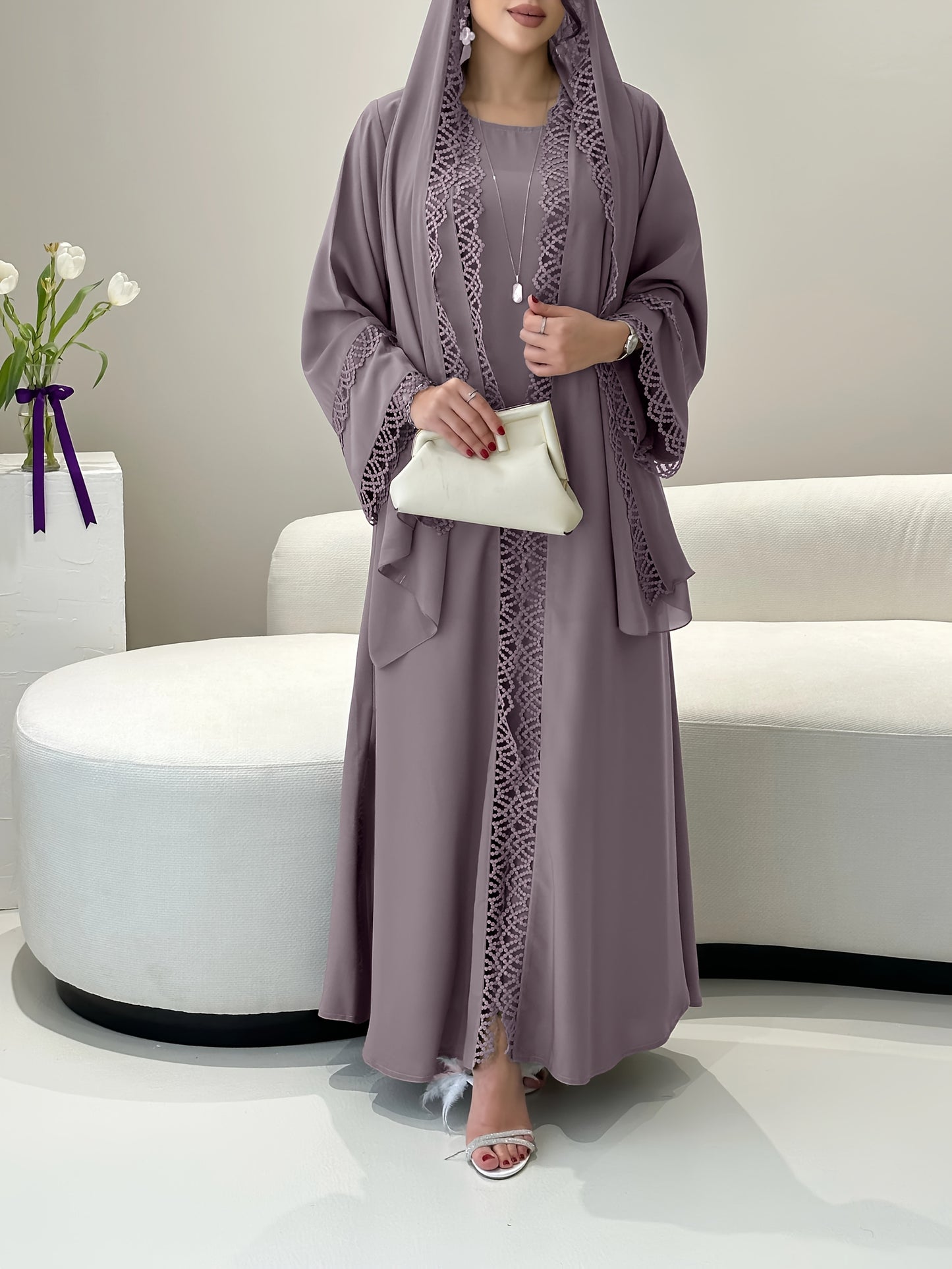 2pcs Muslim Kaftan Abaya Set with Lace Trim | Plus Sleeveless Vest Skirt, Headscarf, for Ramada