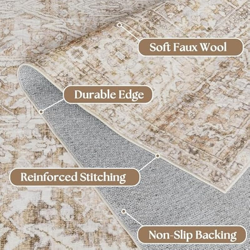Boho Neutral Living Room Rug, Vintage Rustic Earth Tone Modern Farmhouse Style Easy to Clean Stain Resistant Area Rugs for Bedroom Dining Room Light Tan Brown and Beige