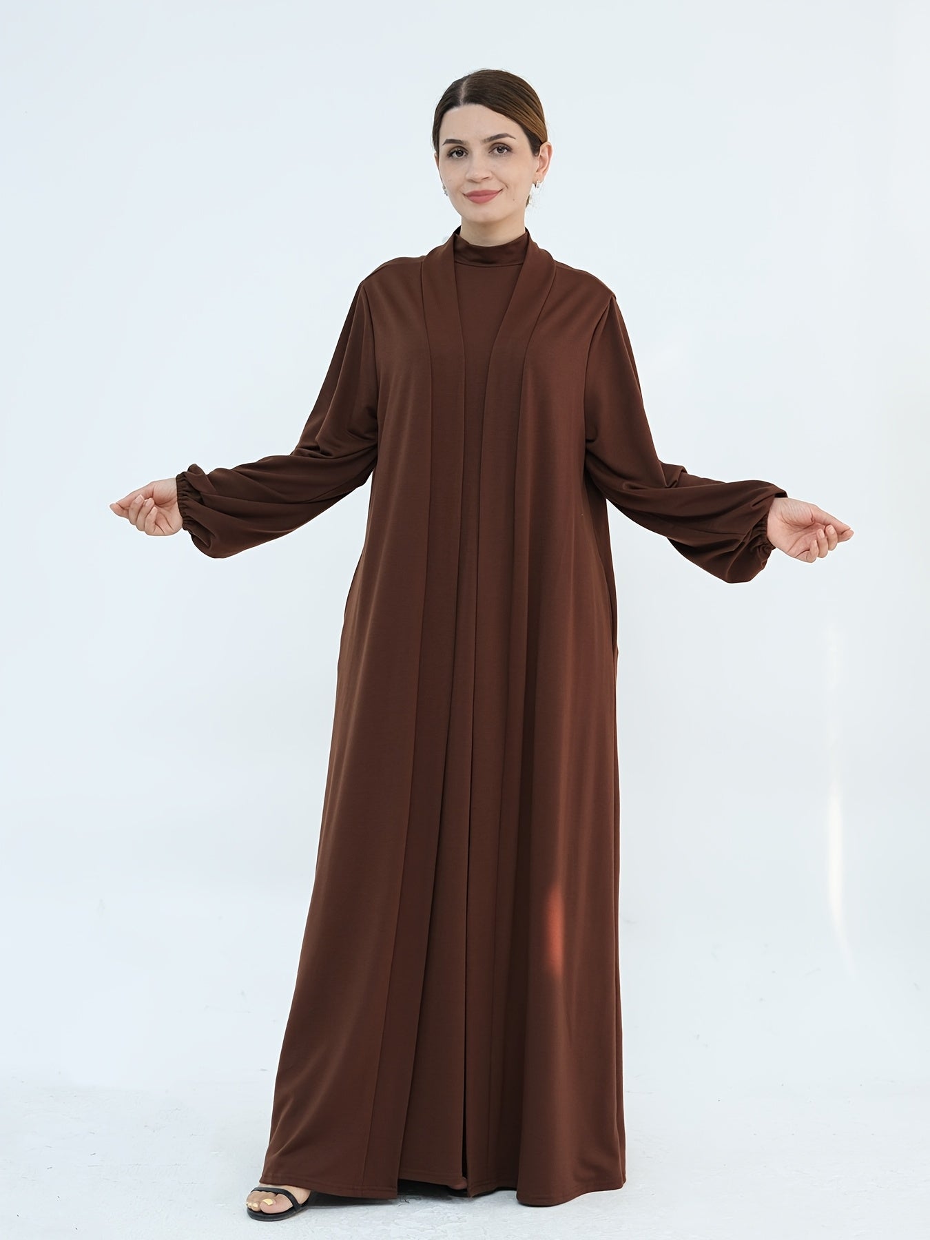 2pcs Solid Color Dress + Casual Round Neck Sleeveless Vest | Women's Clothing, Long Sleeve Arabic Abaya