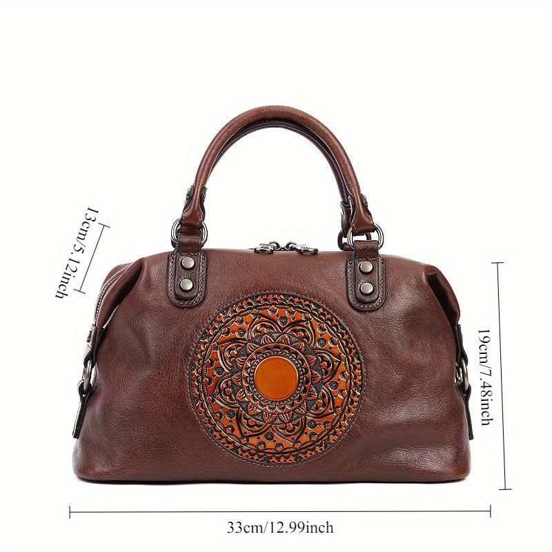 Women's Genuine Leather Satchel Business Handbag - Light Brown Geometric Retro Totem Design, Large Capacity Convertible Shoulder/Handbag with Adjustable Strap