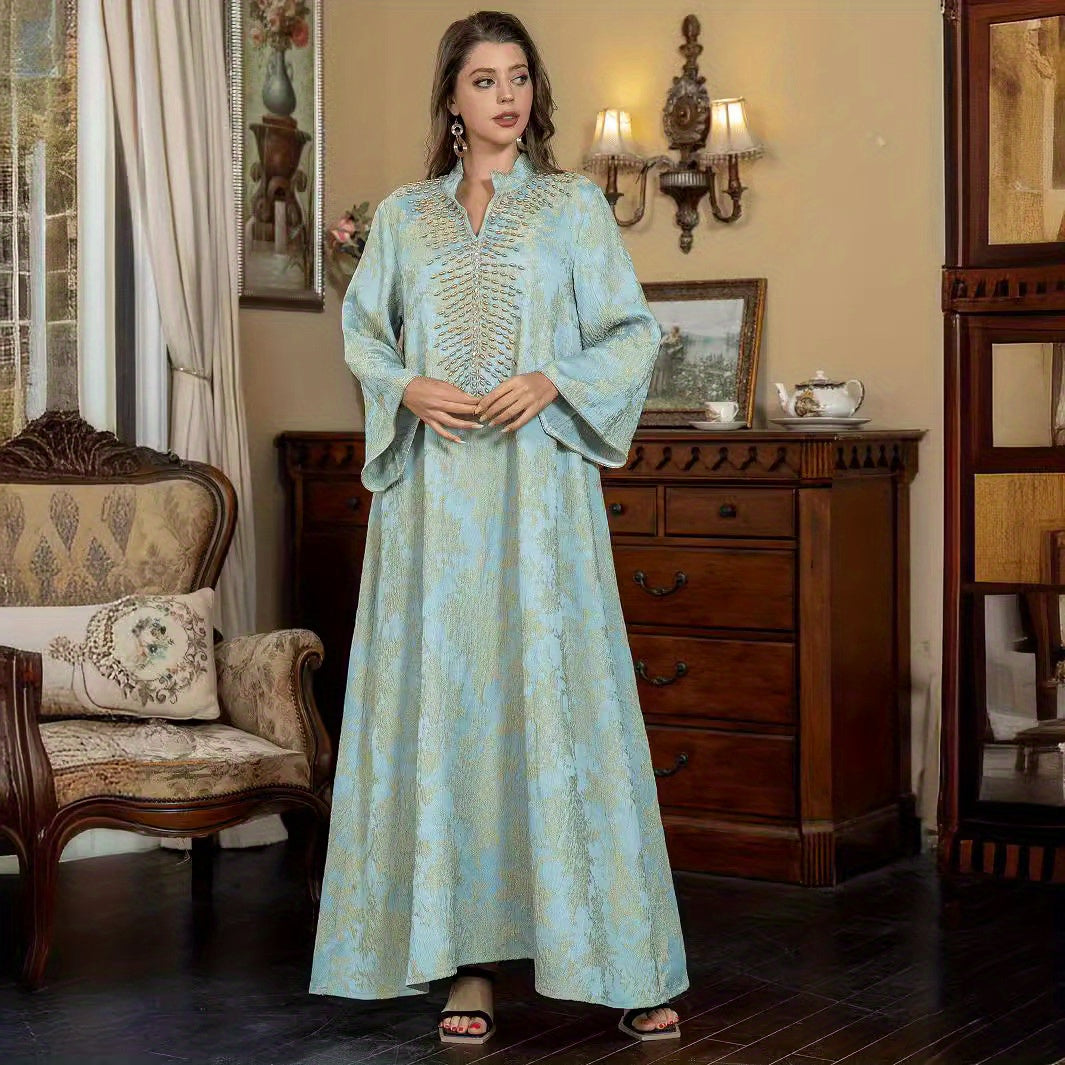 Women's Muslim Formal & Everyday Robe - Elegant Long Abaya Dress with Turquoise & Neutral Tones, Modest Islamic Clothing for Wedding, Party, Casual Attire - High-Quality Fabric, Wedding Attire, Jacquard Embroidery, Luxurious Texture