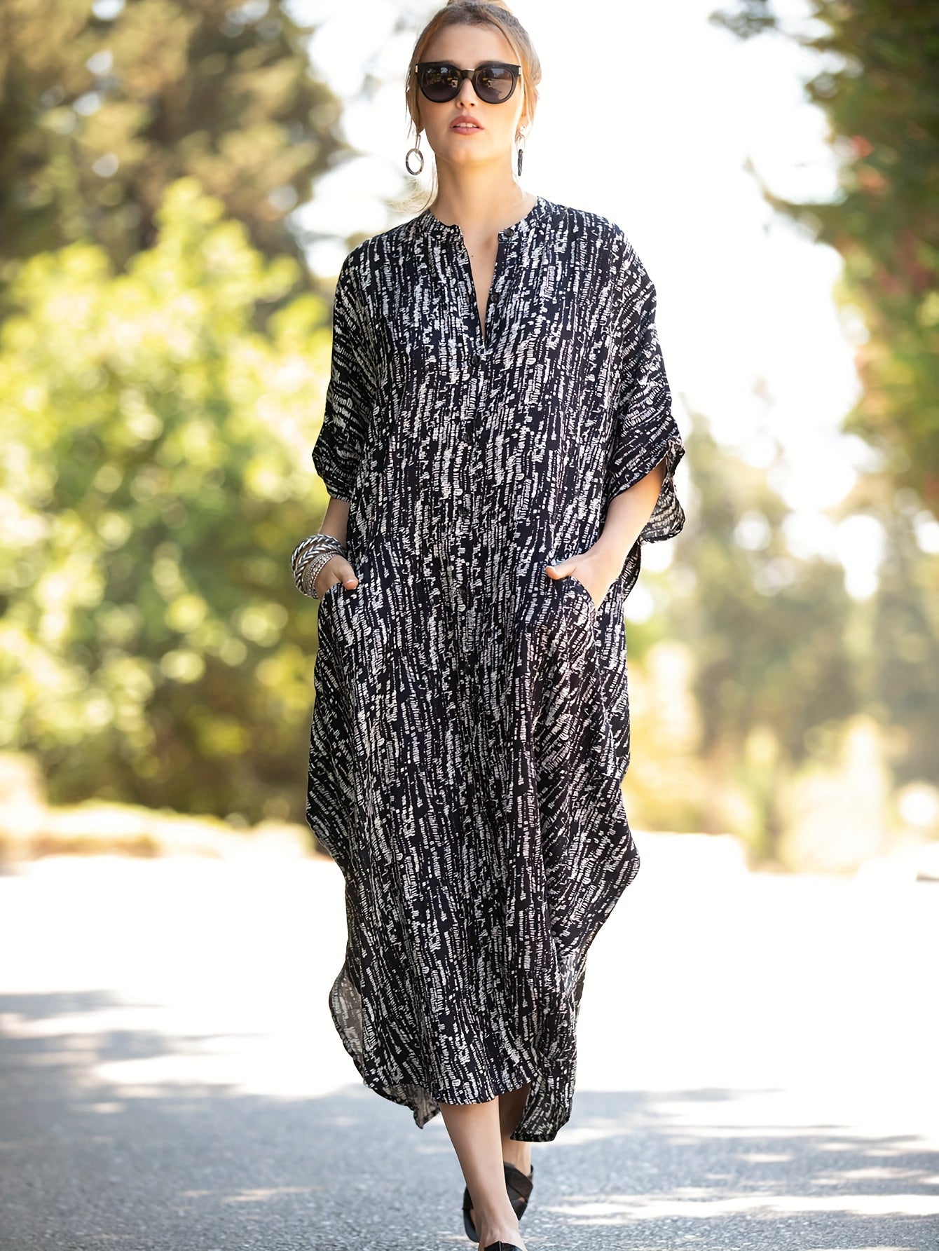 Women's Long Dress Bating Sleeve Kaftan Dresses Print Stripe Snake Pattern Dot Pattern Beach Cover Up Leisure Vacation Home Outfits Swimsuit Cover Up Ethnic Loose Robe