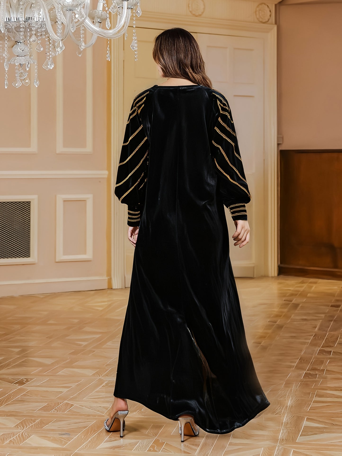 Elegant Black Rhinestone-Embellished Long Turkish Abaya for Women - Elegant Sleeveless Midi with V-Neck, Perfect for Ramadan & Eid, Stylish Turkish And Arabic Fashion, Ramadan Dress