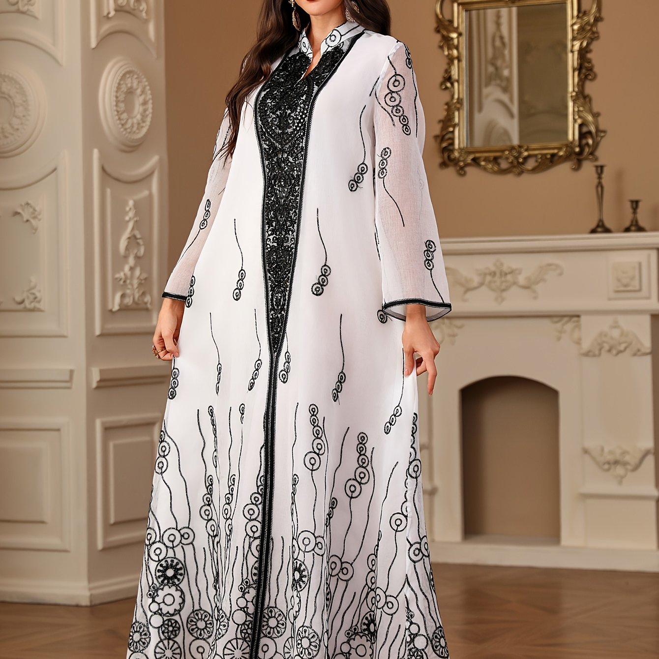 Elegant Floral Sequin Embroidered Beaded Long Sleeve Kaftan Abaya Dress, 100% Polyester, Non-Stretch Woven Fabric, Regular Fit, All Seasons, Contrast Detail, 120Gsm