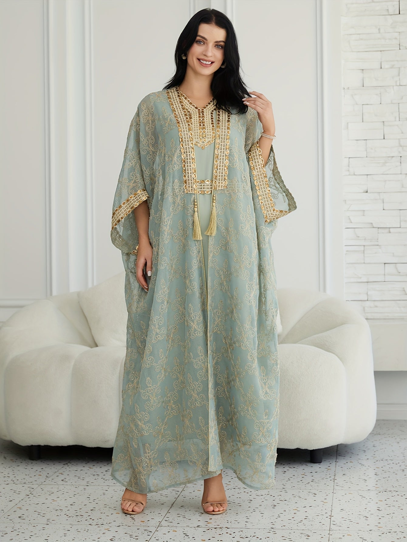 Oriental Style Sequined Lace Two-Piece Mesh Emirati Abaya Dress for Women, Middle Eastern Traditional Long Robe