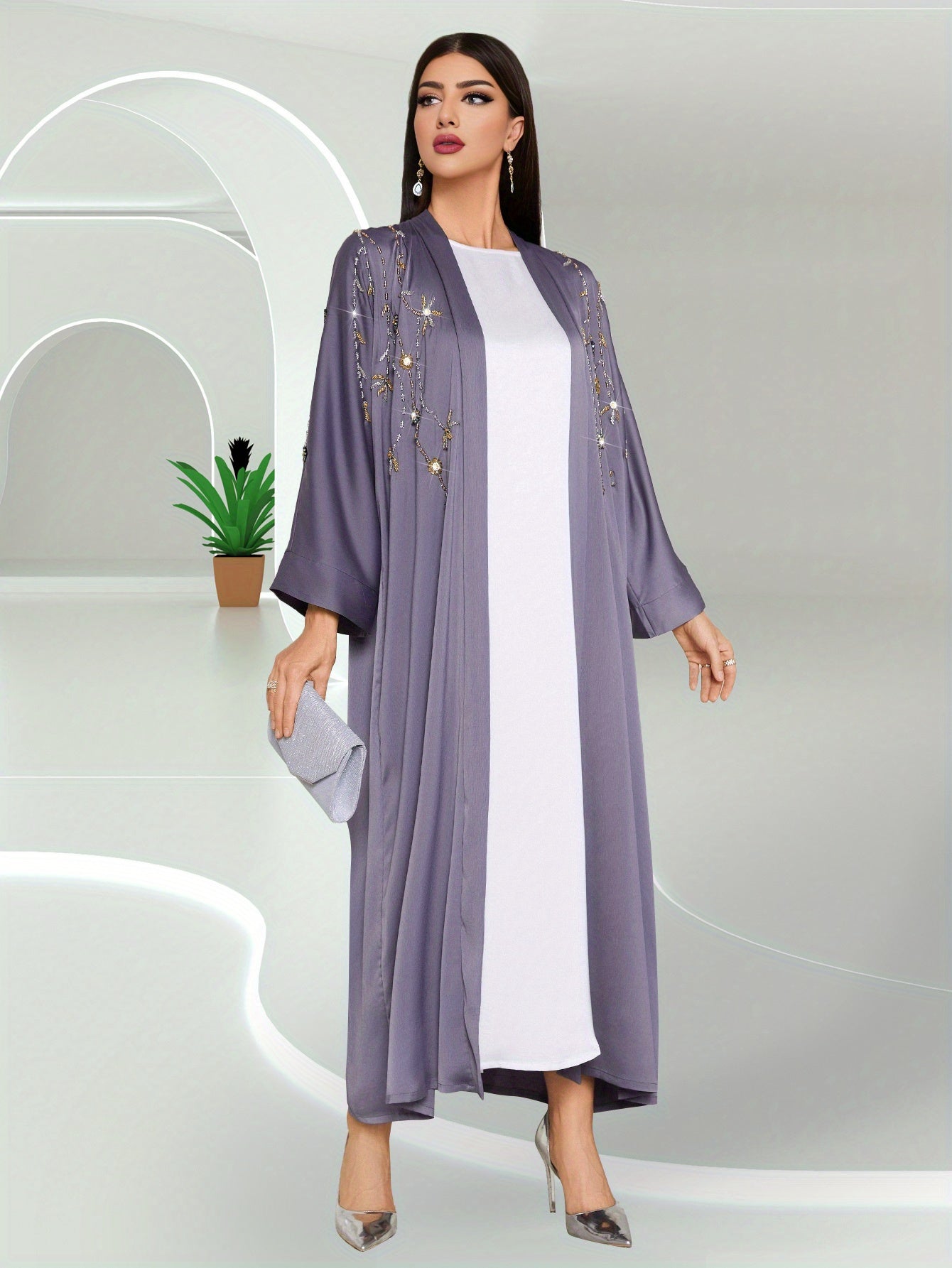 Elegant Green & White Long Tunic Dress with Beaded Detail - Casual Turkish Abaya Style, Long Sleeve, Floor-Length, Perfect for Spring/Summer, Casual Summer Wear | Elegant Long Dress | Texture