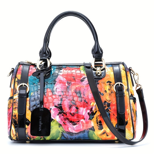 Leather Crossbody Handbag, Doodle Top Handle Messenger Bags For Women, Designer Handbags Crossbody Bags, Large Size, With Zipper, Adjustable Shoulder Strap, Satchel Purse