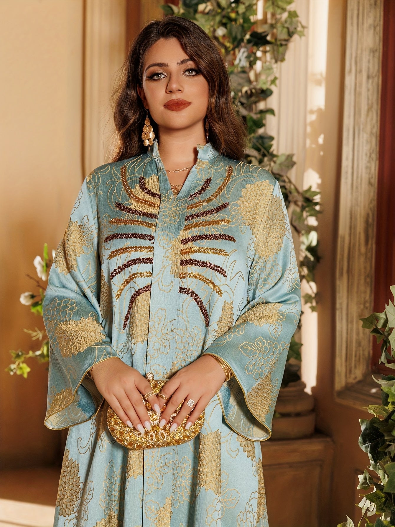 Elegant Solid Color Polyester Long Modern Abaya, 2025 Eid with Rhinestone Embroidery for Muslim Traditional Festival Party