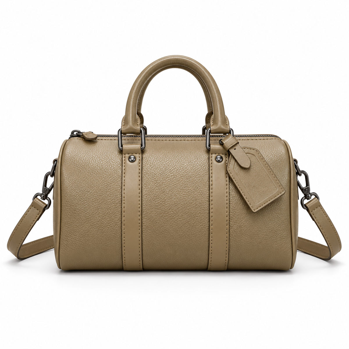Khaki Textured Boston Bag With Strap