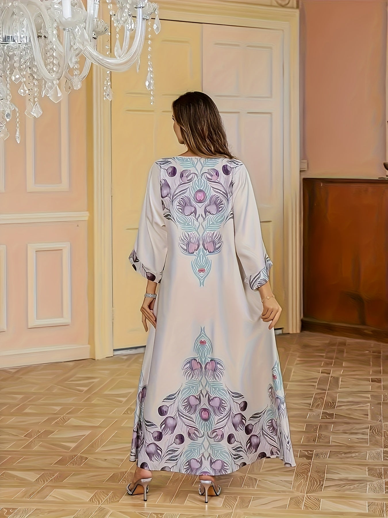 Print Maxi Kaftan Dress - Women’s Luxury Abaya with Rhinestone Details, Loose Fit, Geometric Pattern, Polyester Fabric, Perfect for All Seasons, Formal Modest Wear | Floral Print Maxi Kaftan
