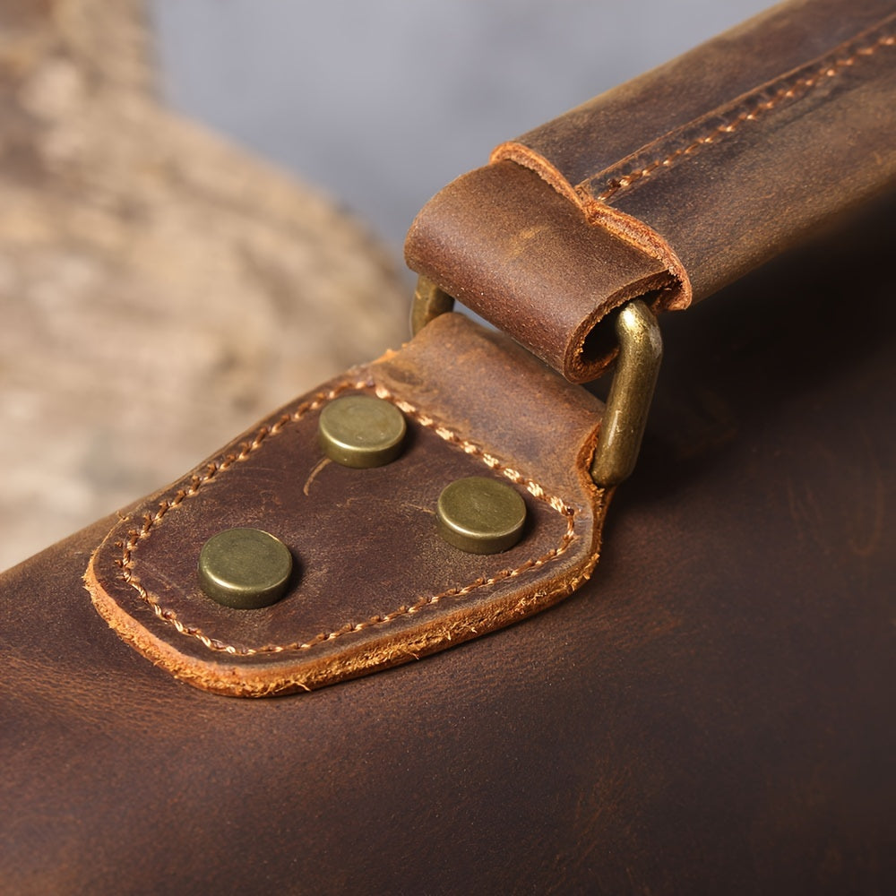 Vintage Brown Cowhide Men's Vintage Genuine Leather Messenger Bag - Adjustable Strap, Multiple Compartments, Zipper Closure, Distressed Finish, Functional Design