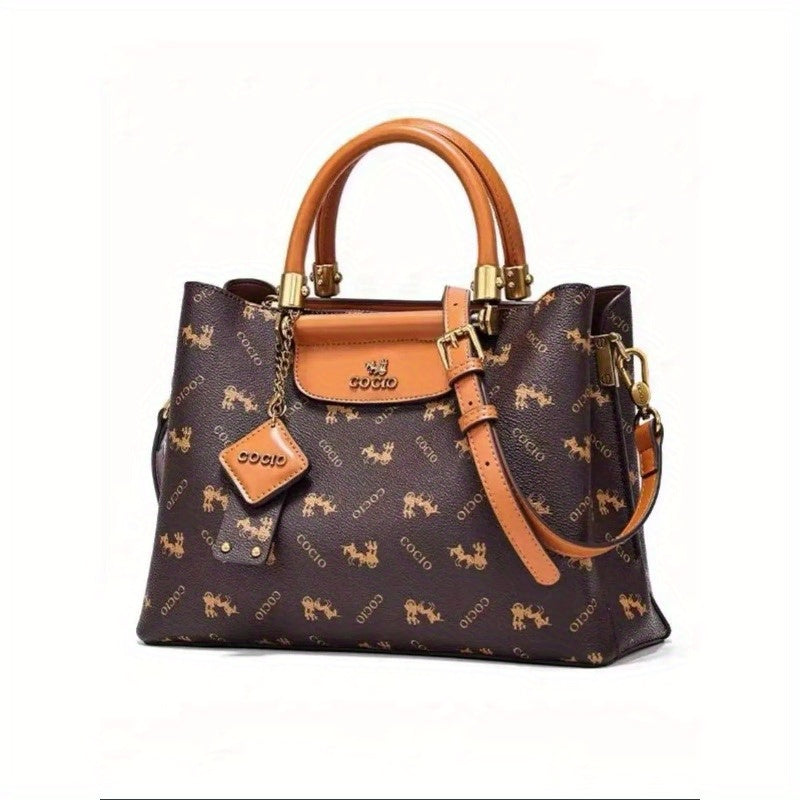 Genuine Leather Women's Printed Handbag, Multi-Way Carry (Handheld/Shoulder/Crossbody), Tote Bag for Daily Use