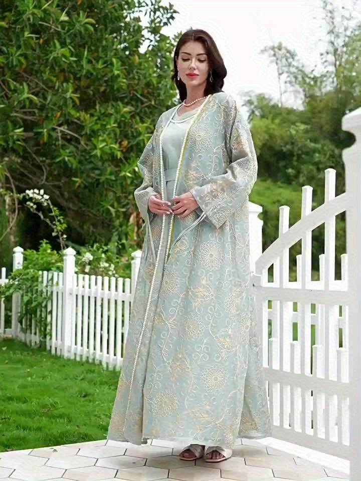 2pcs embroidered gray-blue Turkish elegant festive abaya set
