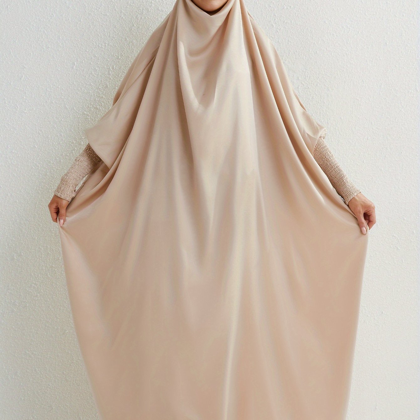 Elegant Loose-Fit Abaya Robe with Built-In Headscarf - Modest Ramadan Prayer Dress, Long Sleeve Butterfly Cuff Traditional Middle Eastern Full-Length Cover Dress, Solid Color Machine Washable, Religious Attire, Allseason Wear