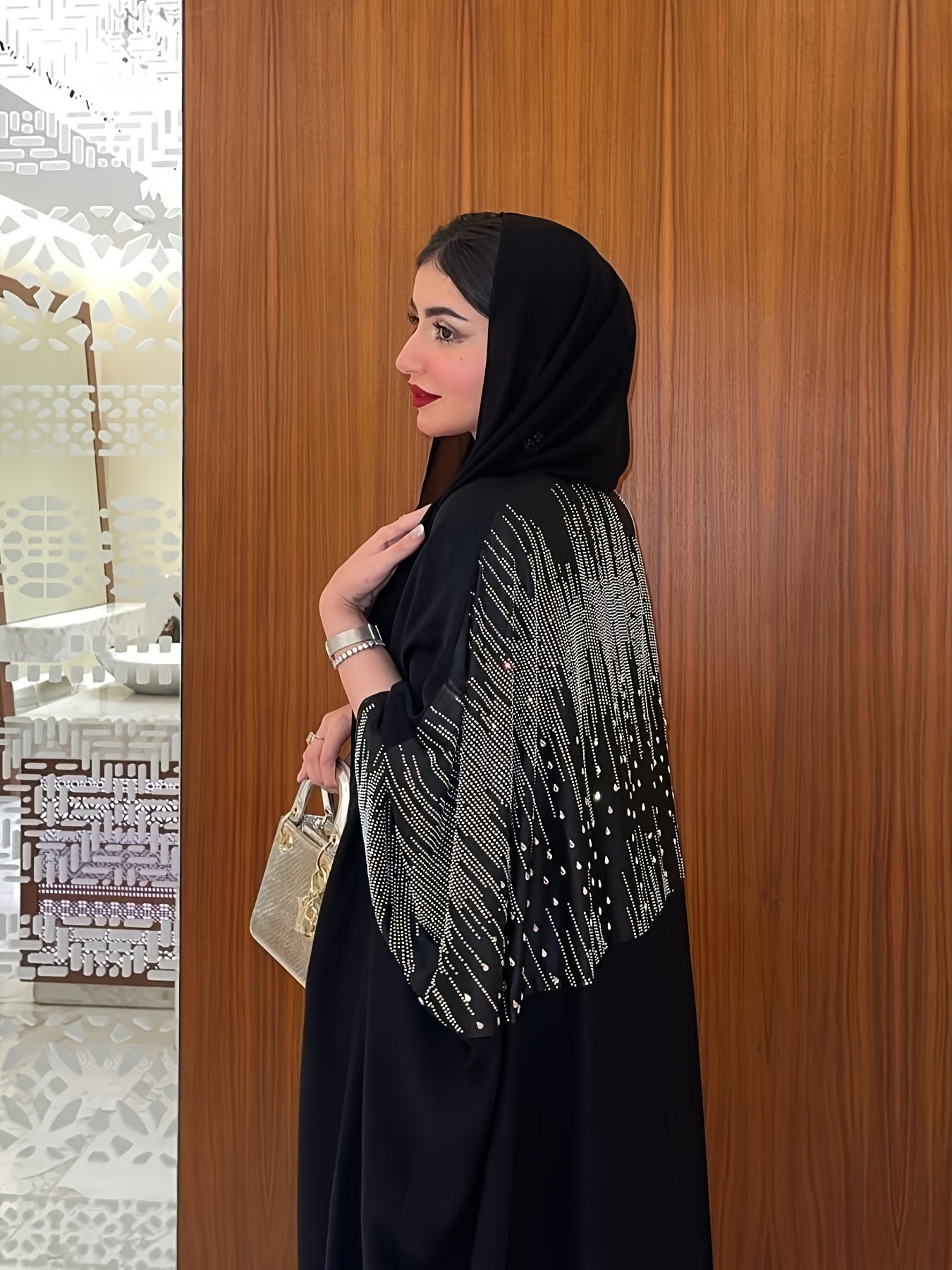 Elegant Rhinestone-Embellished Batwing Sleeve Butterfly Abaya - Solid Black Modest Muslim Women's Long Robe, Machine Washable All-Season Party & Formal Evening Gown