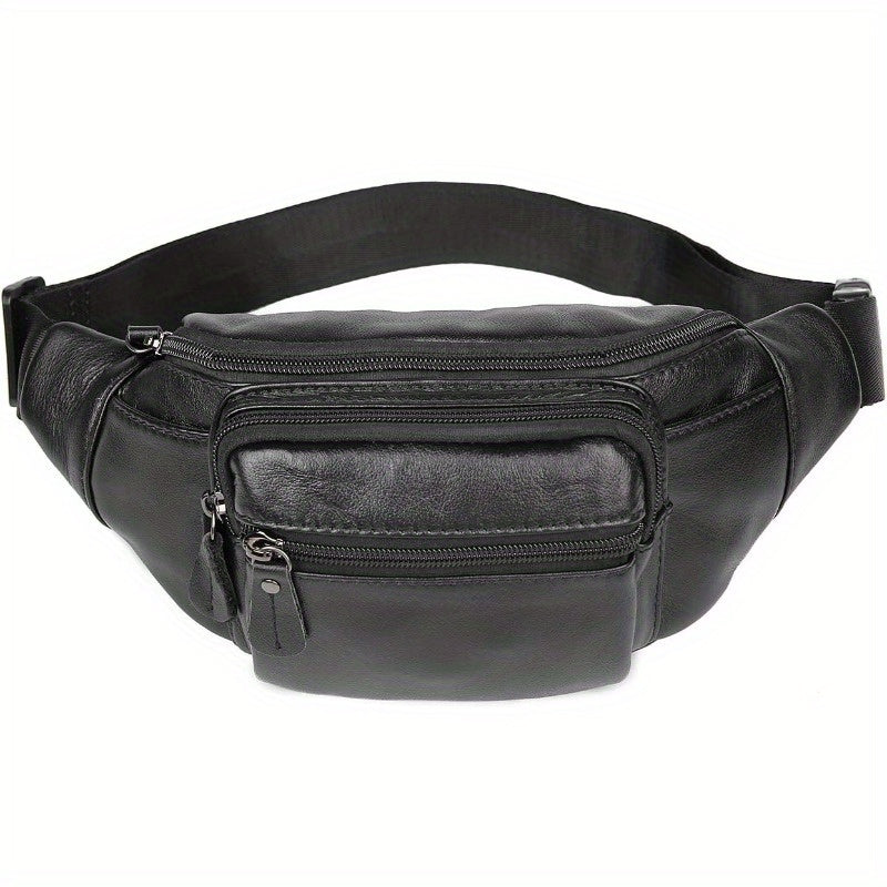 Genuine Napa Leather Cowhide Fanny Pack Belt Bag Organizer - Adjustable Strap up to 48", Multiple Zippered Compartments, Compact 10x5 Inch
