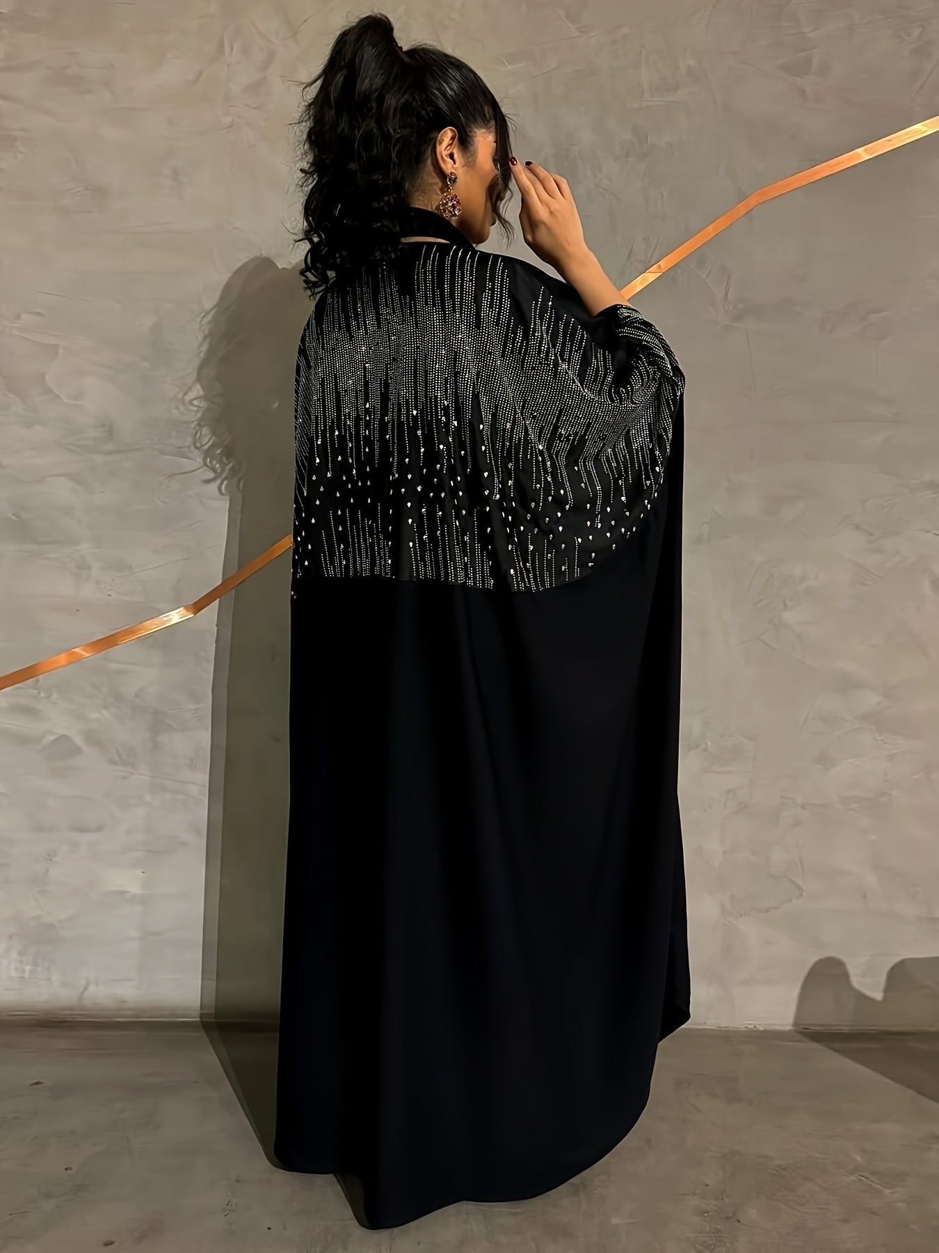 Elegant Rhinestone-Embellished Batwing Sleeve Butterfly Abaya - Solid Black Modest Muslim Women's Long Robe, Machine Washable All-Season Party & Formal Evening Gown