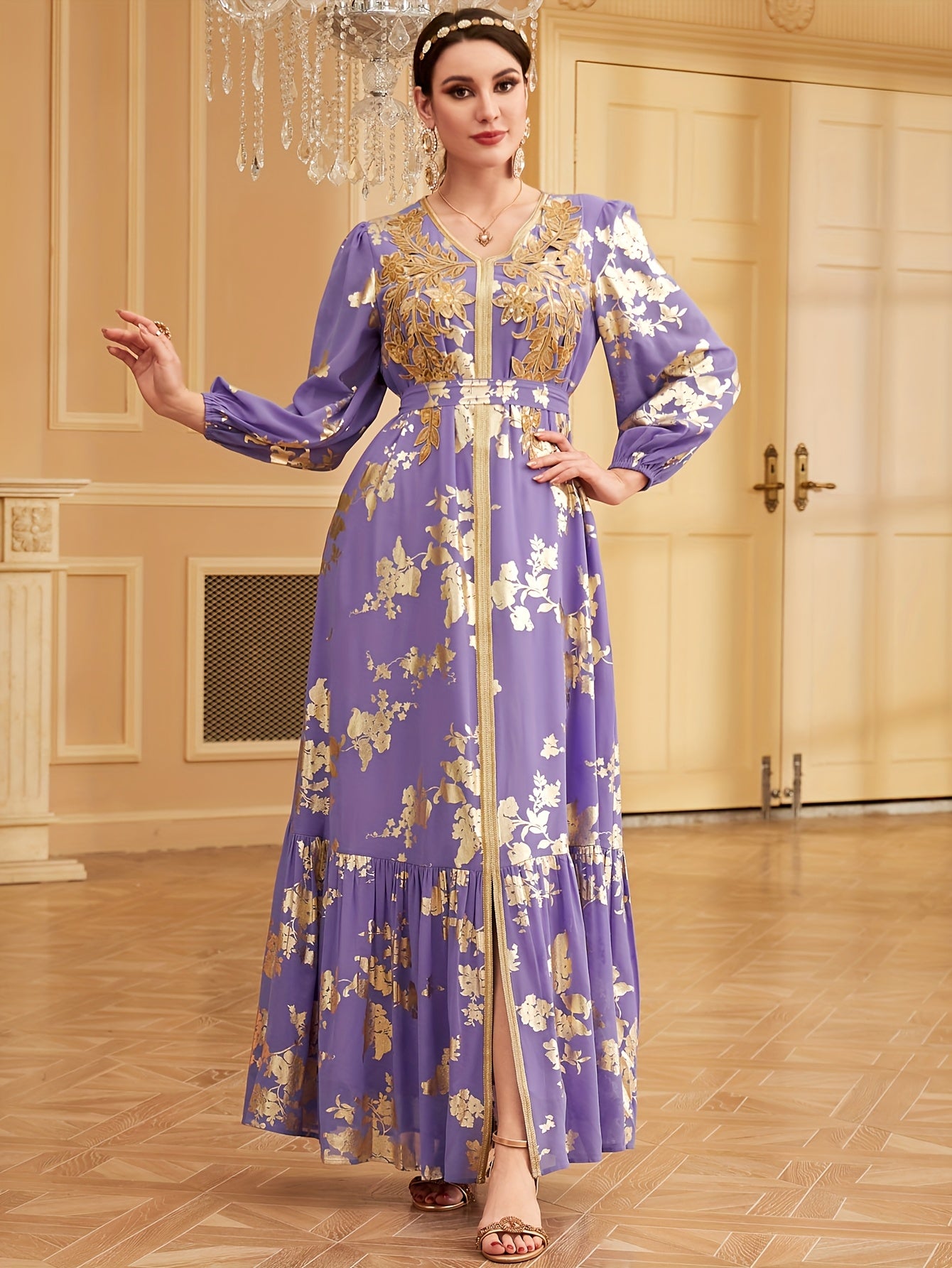 1pc Elegant Embroidered Long Sleeve Modern Abaya with Golden Accents, Polyester 100%, Regular Fit, All-Season Floral Print with Slit Hem and Waist Belt