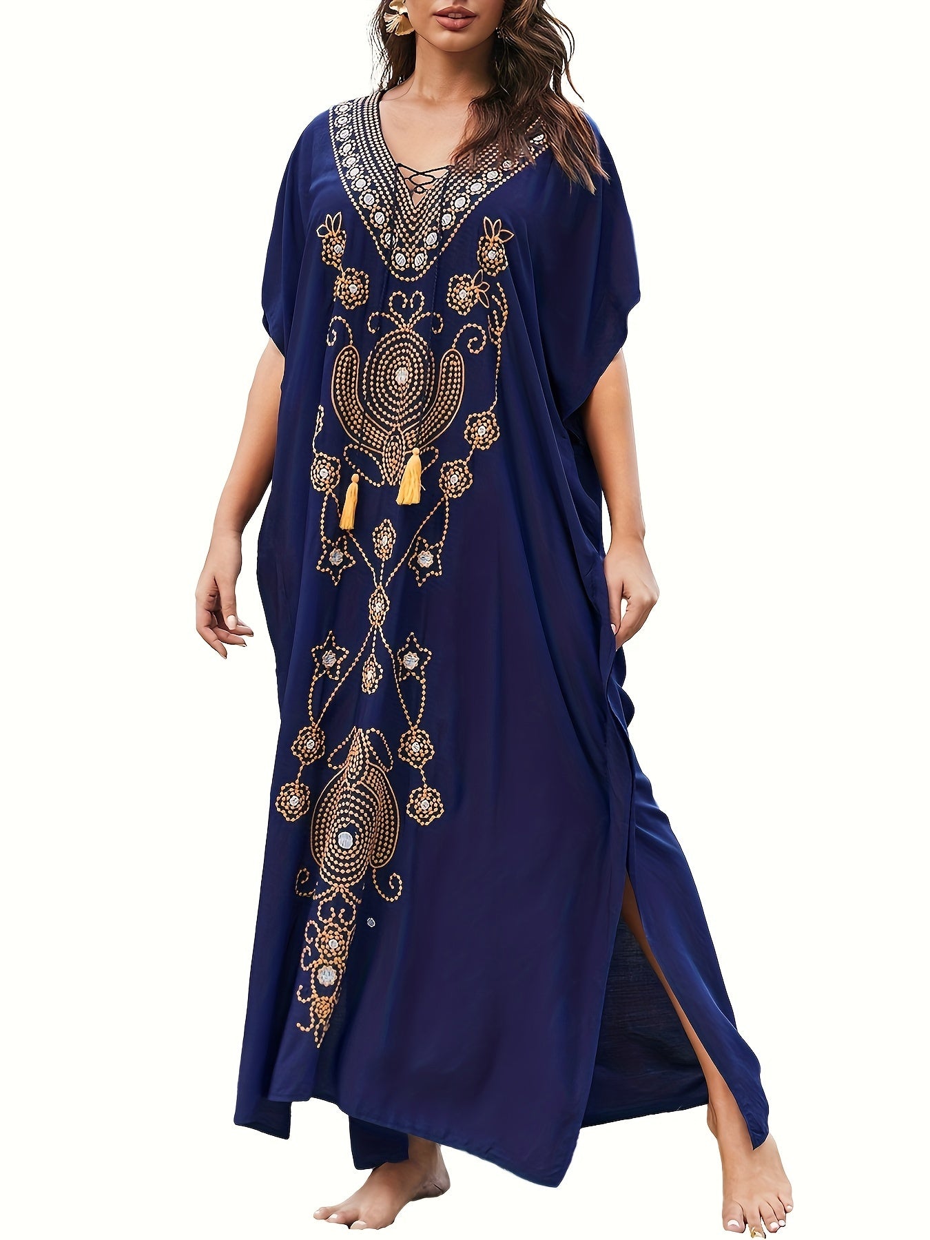 Swimsuit Coverup Embroidered V-Neck Kaftan Plus Size Summer Long Dress