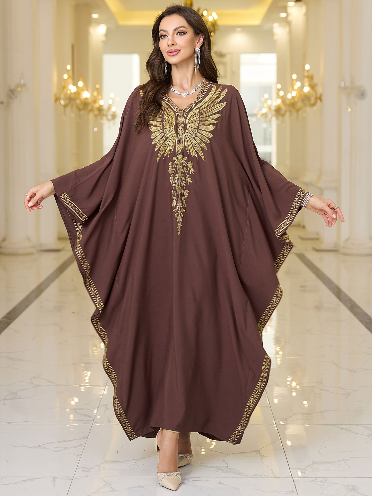 Elegant Plus Size Kaftan Dress with Embroidered Wings - V-Neck, Batwing Sleeves Abaya, Loose Fit Maxi Dress for Women - Suitable for Casual Wear, Parties & Special Occasions - Perfect Gift for Women
