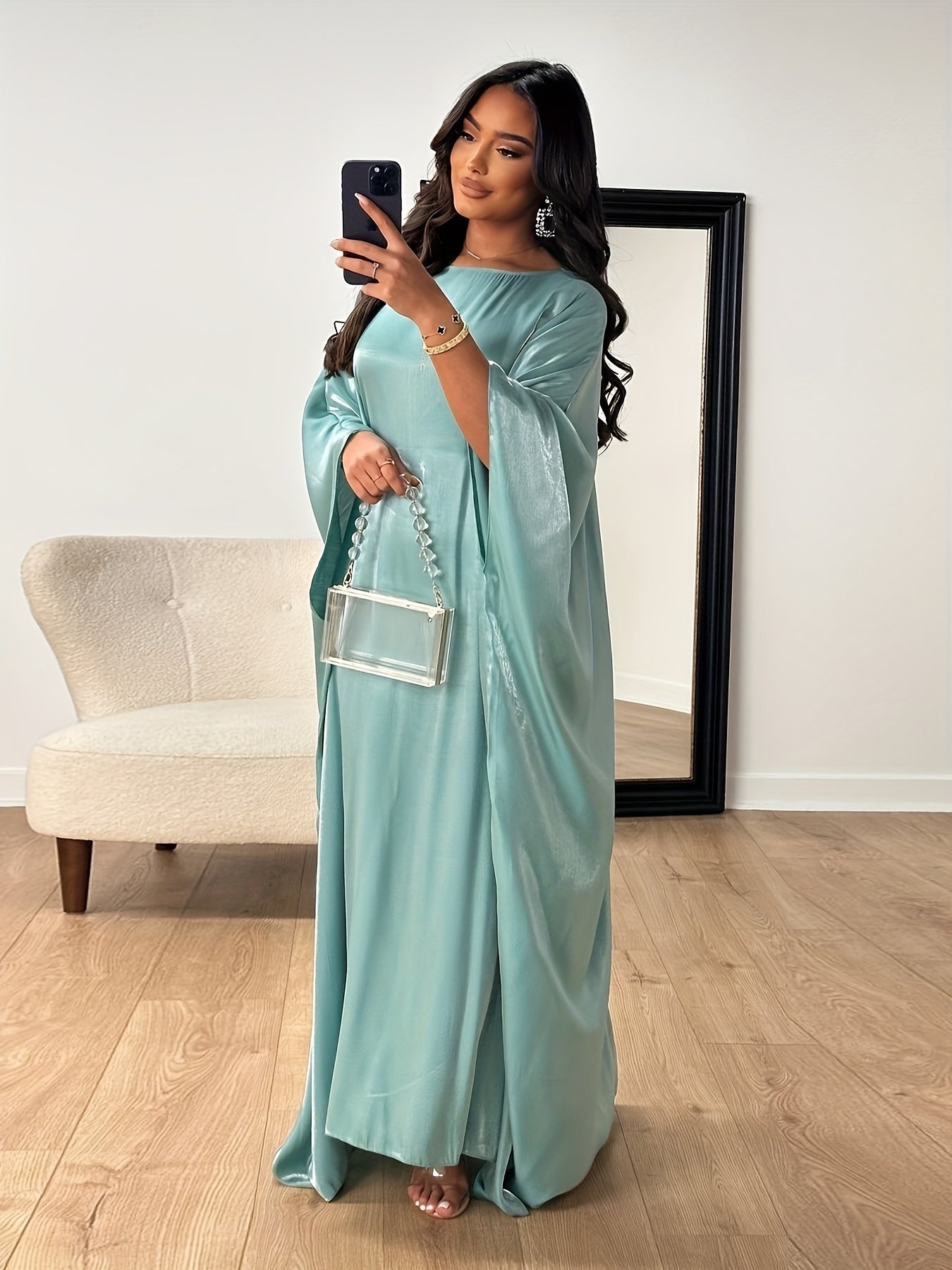 Women's Modest Arabic Abaya Robe Dress - Long Sleeve Asymmetrical Hem Shiny Fabric Cover-Up, Machine Washable All-Season Versatile for Parties Daily Outings, Solid Color Traditional Attire