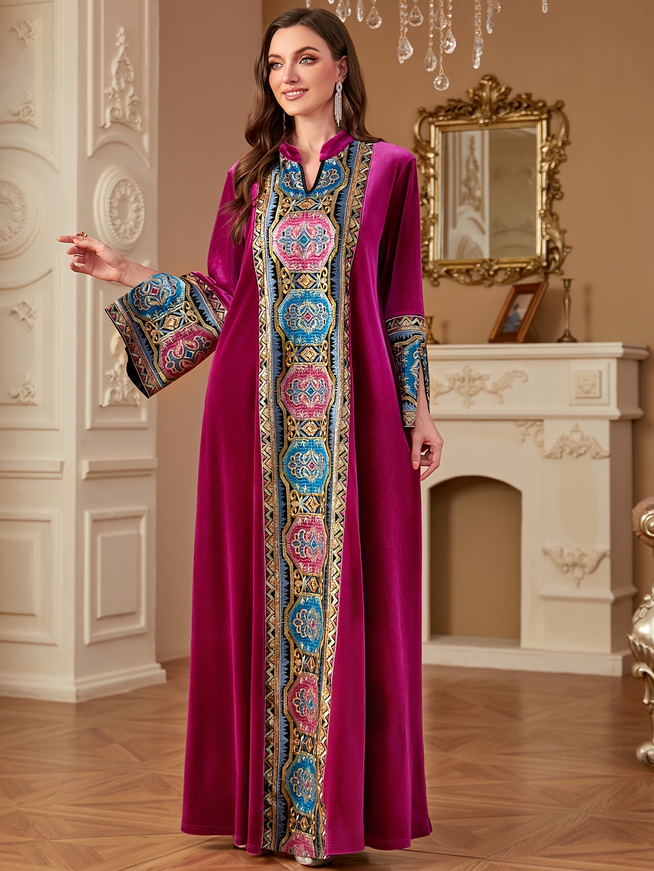 Women's Middle Eastern-Inspired V-Neck Long Sleeve A-Line kaftan Abaya - Burgundy with Multicolor Embroidery, Loose Fit Floor-Length Traditional Elegance for Autumn/Winter, Machine Washable