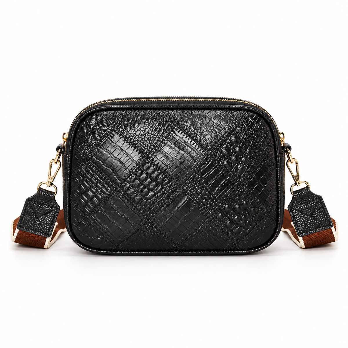 Elegant Black Crocodile Embossed Crossbody Bag