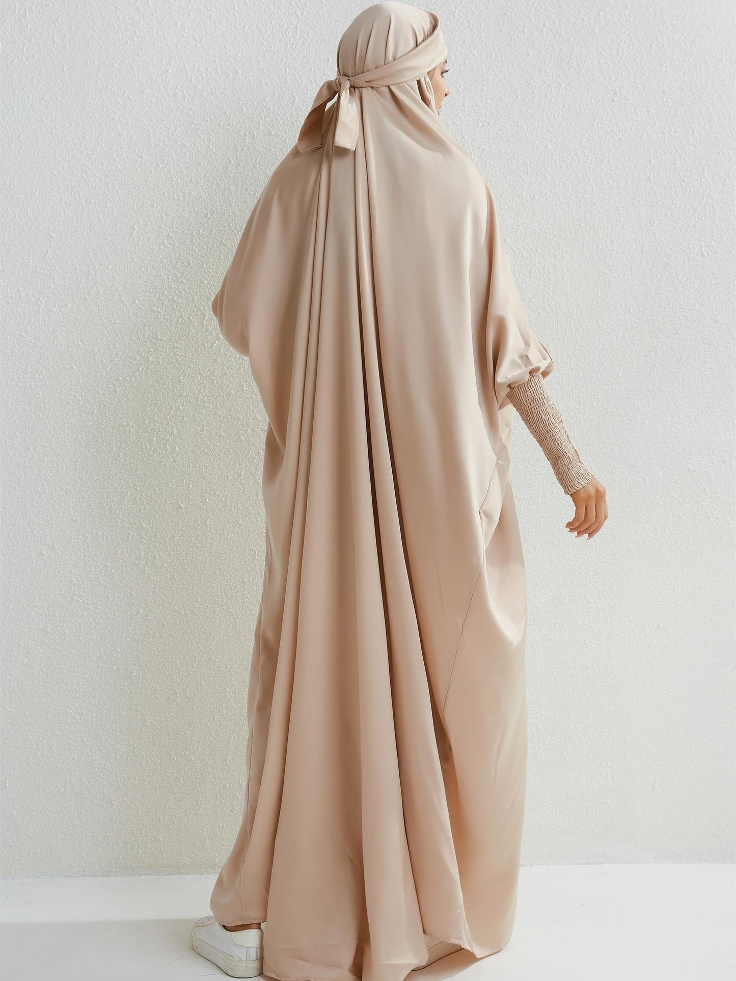 Women's Modest Jibab Abaya Dress with Hijab - Batwing Sleeves & Smocking Detail, Full-Length Prayer Robe, Islamic Clothing, Machine Washable Solid Color for Ramadan & Daily Wear, Allseason Robe, Hshaped Silhouette, Nontransparent F