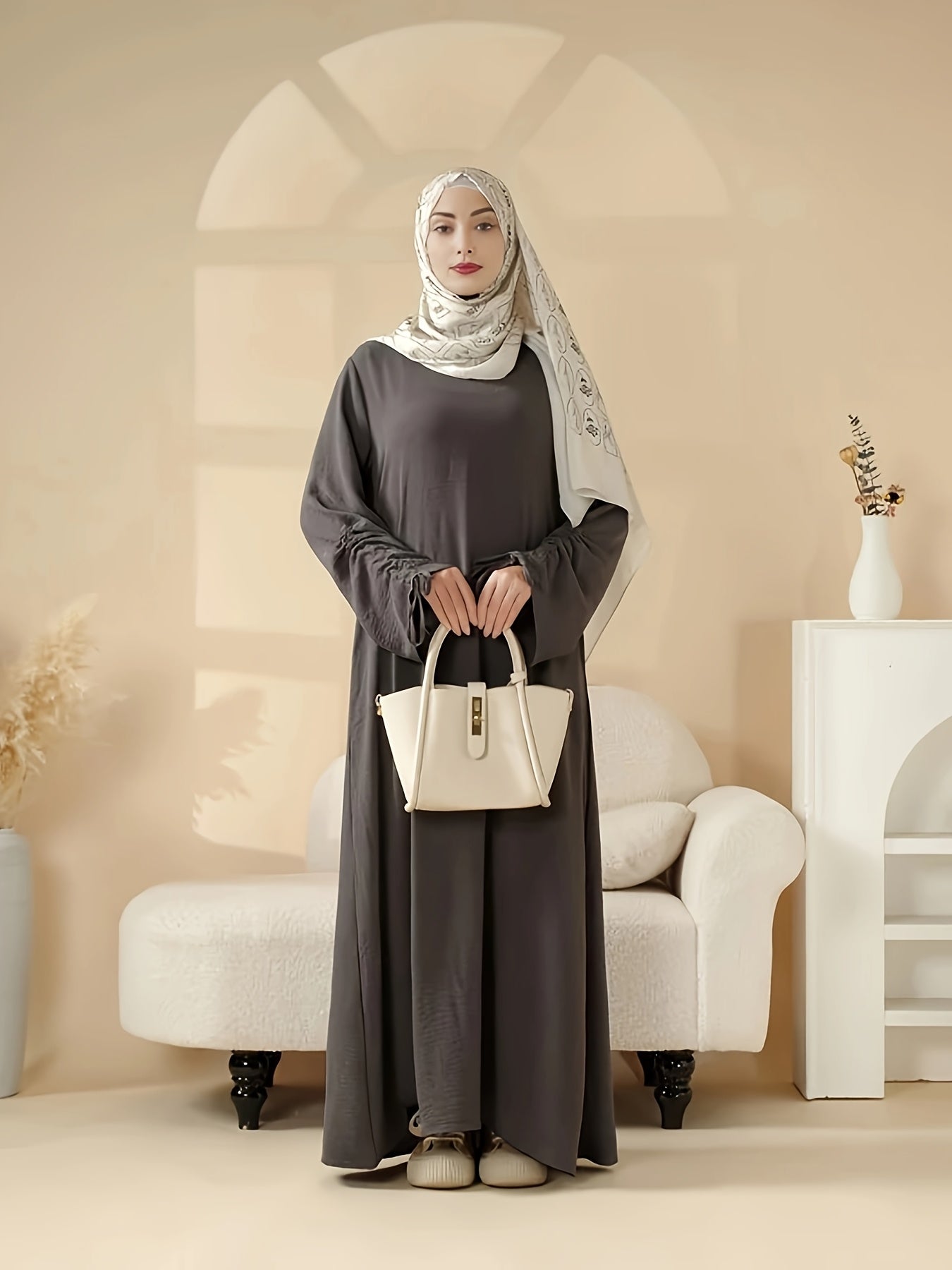 1 Luxury Satin Modest Jibab Abaya Set for Women, 4pcs Muslim Female Ramadan Prayer Dress, Long Robe, Elegant Open Breathable Abaya, Top, Pants and Matching Headscarf, Middle Eastern Arabic Malaysia Islamic Women, Eid al-Adha Gift R