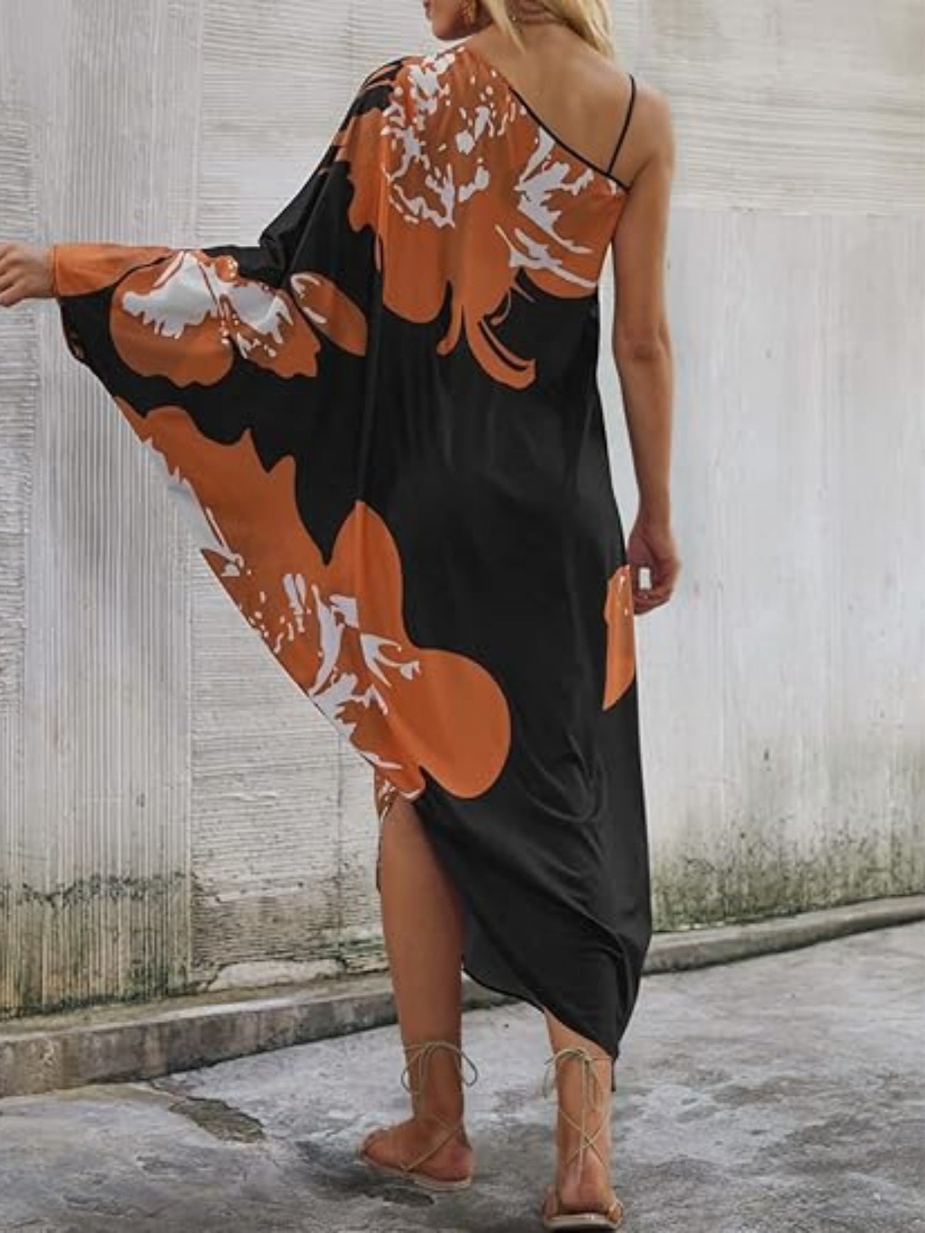 Women'S Elegant Kaftan Dress - V-Neck, Long Sleeve, Flowy Beach Cover-Up with Orange & Black Floral Print, Lightweight Polyester for Summer Vacation, Beach Dress