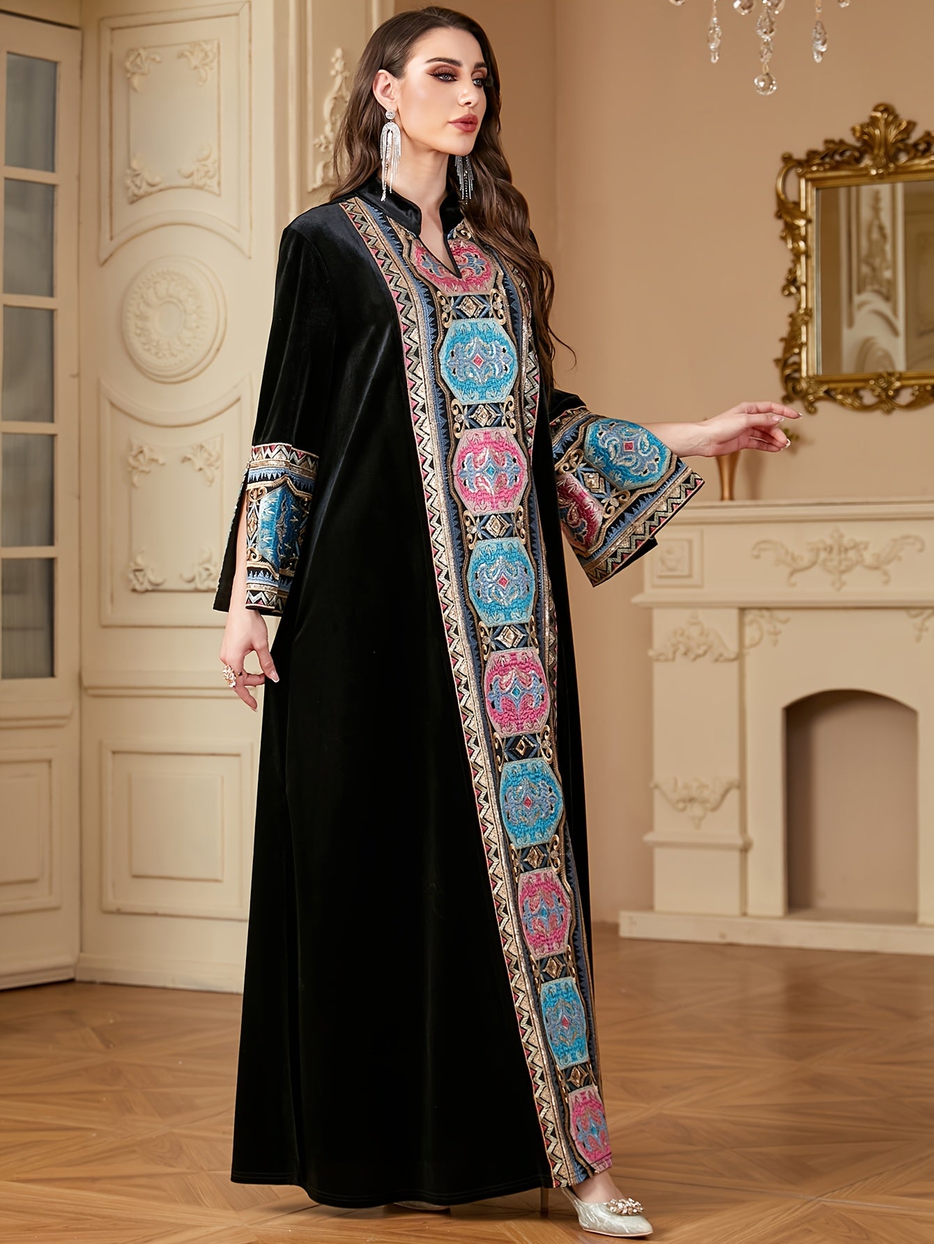 Women's Middle Eastern-Inspired V-Neck Long Sleeve A-Line kaftan Abaya - Burgundy with Multicolor Embroidery, Loose Fit Floor-Length Traditional Elegance for Autumn/Winter, Machine Washable