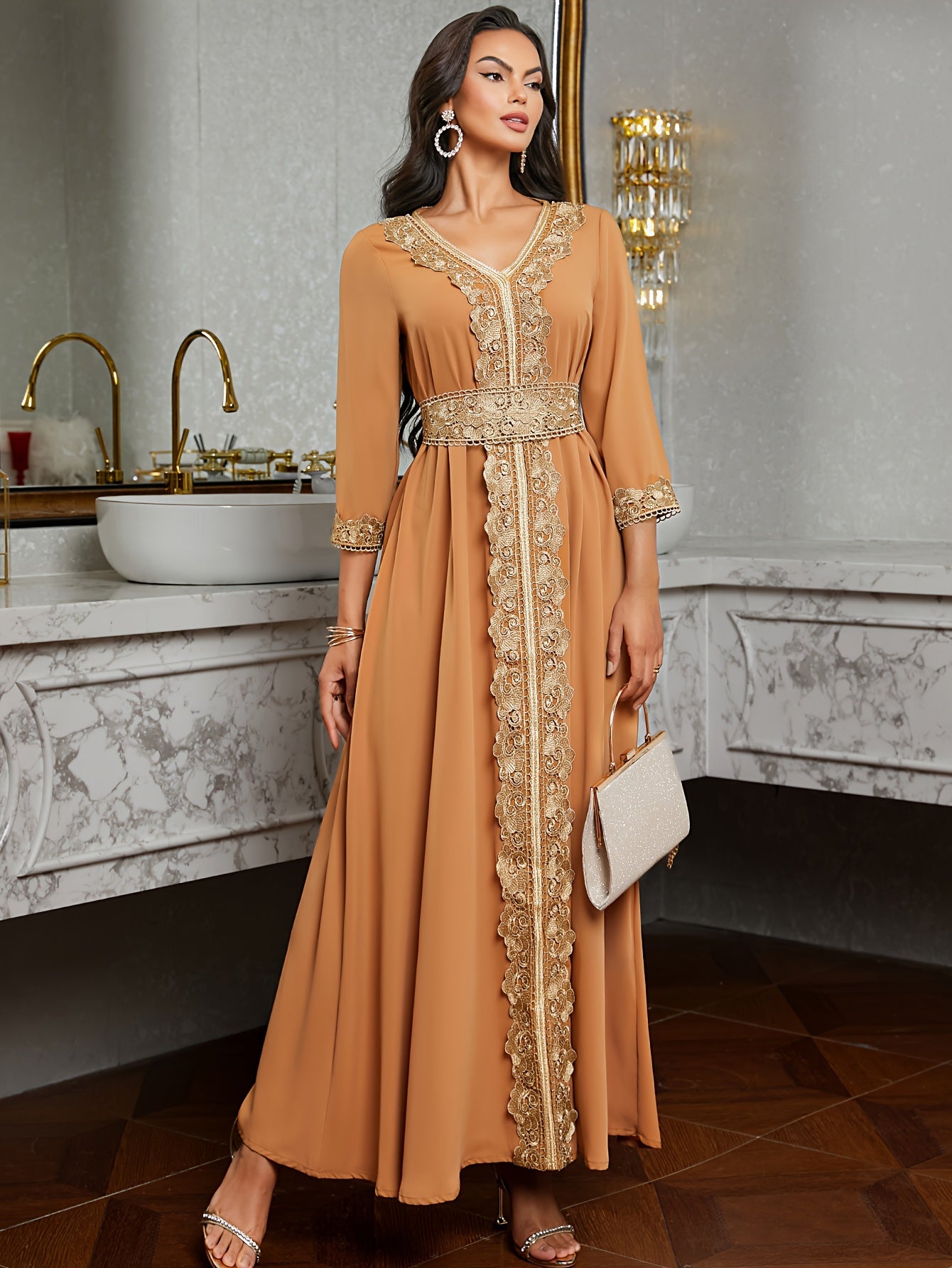 Elegant Golden Contrast Lace Detail Maxi Palestinian Abaya - V-Neck, Long Sleeve, Polyester, Formal or Evening Wear for Women, Formal Occasion Attire | Lace Detailing | Polyester Fabric
