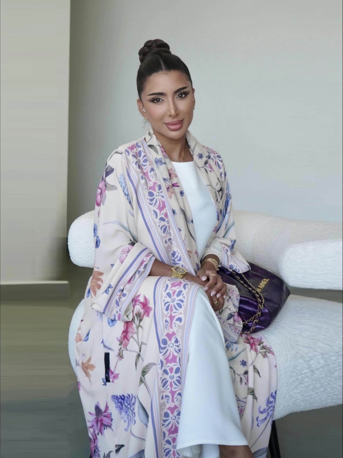 Elegant Open Abaya & Matching Headscarf Set - Floral Print, Long Sleeve, Loose Fit for Women - Ideal for Spring/Summer Outfits, Versatile Long Abaya|Floral Print Abaya|Traditional Abaya