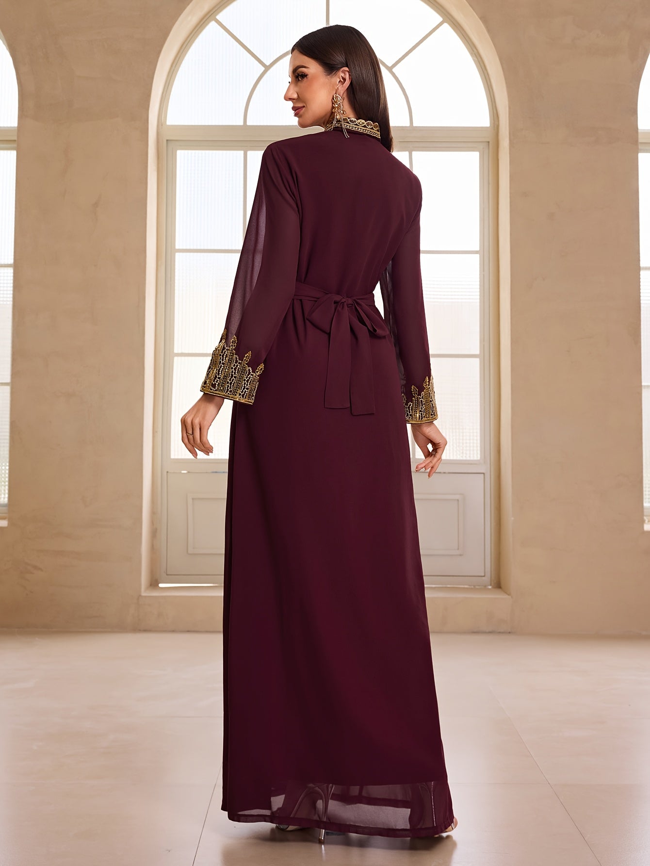 Elegant Women's Banquet Evening Modern Abaya - Maroon Chiffon with Golden Lace Embroidery, Stand Collar, Long Sleeves, and Waistband, Perfect for Formal Events, Formal Evening Wear