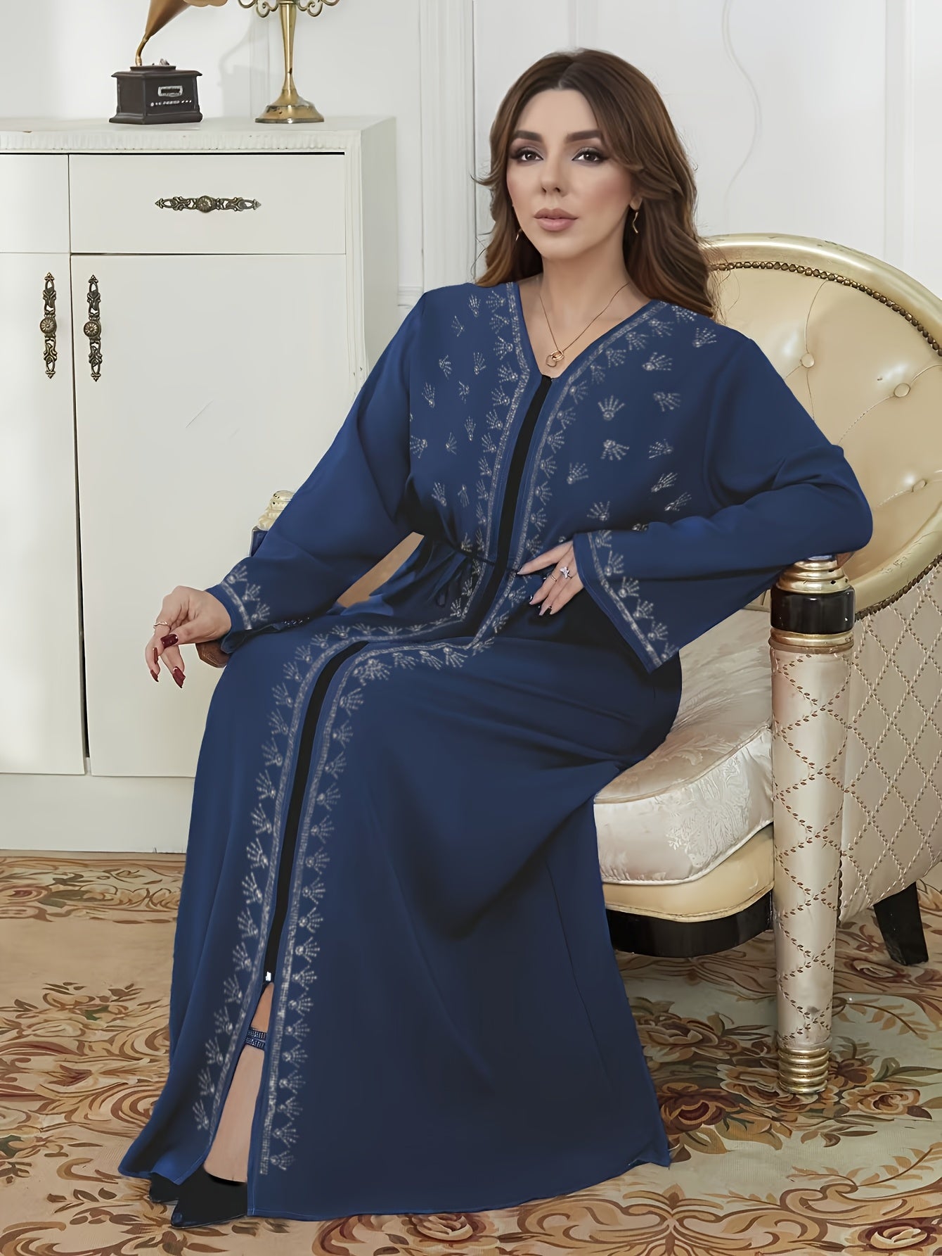 Ramadan 2025 Muslim Women's Open Cardigan Middle Eastern Robe Loose Floor-Length Diamond Studded Long Abaya with Zipper