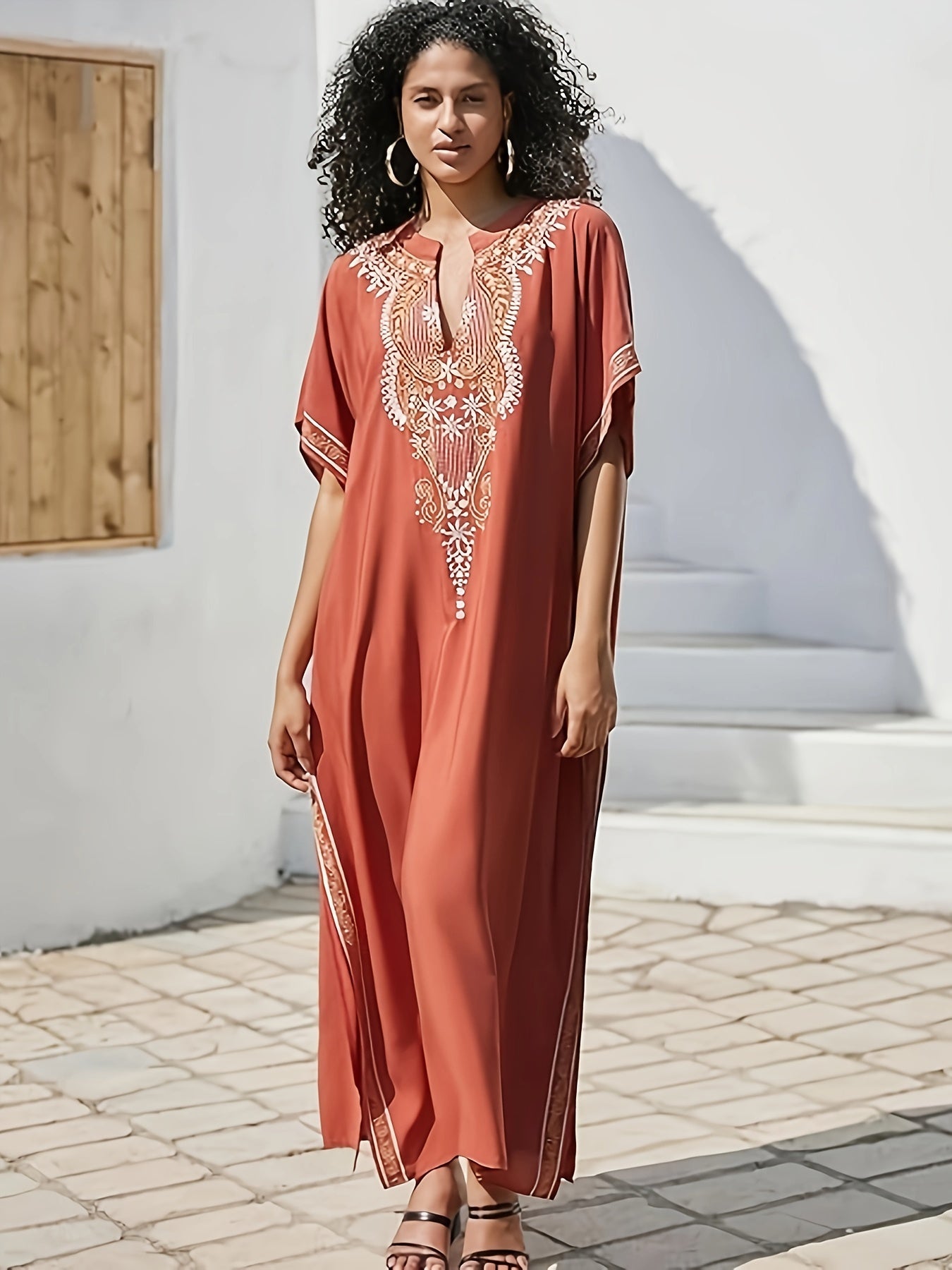Elegant Viscose Kaftan Dress for Women - Embroidered Midi Loose Fit Pullover with Split Hem Detail, Non-Stretch Woven Fabric, Summer Resort Wear