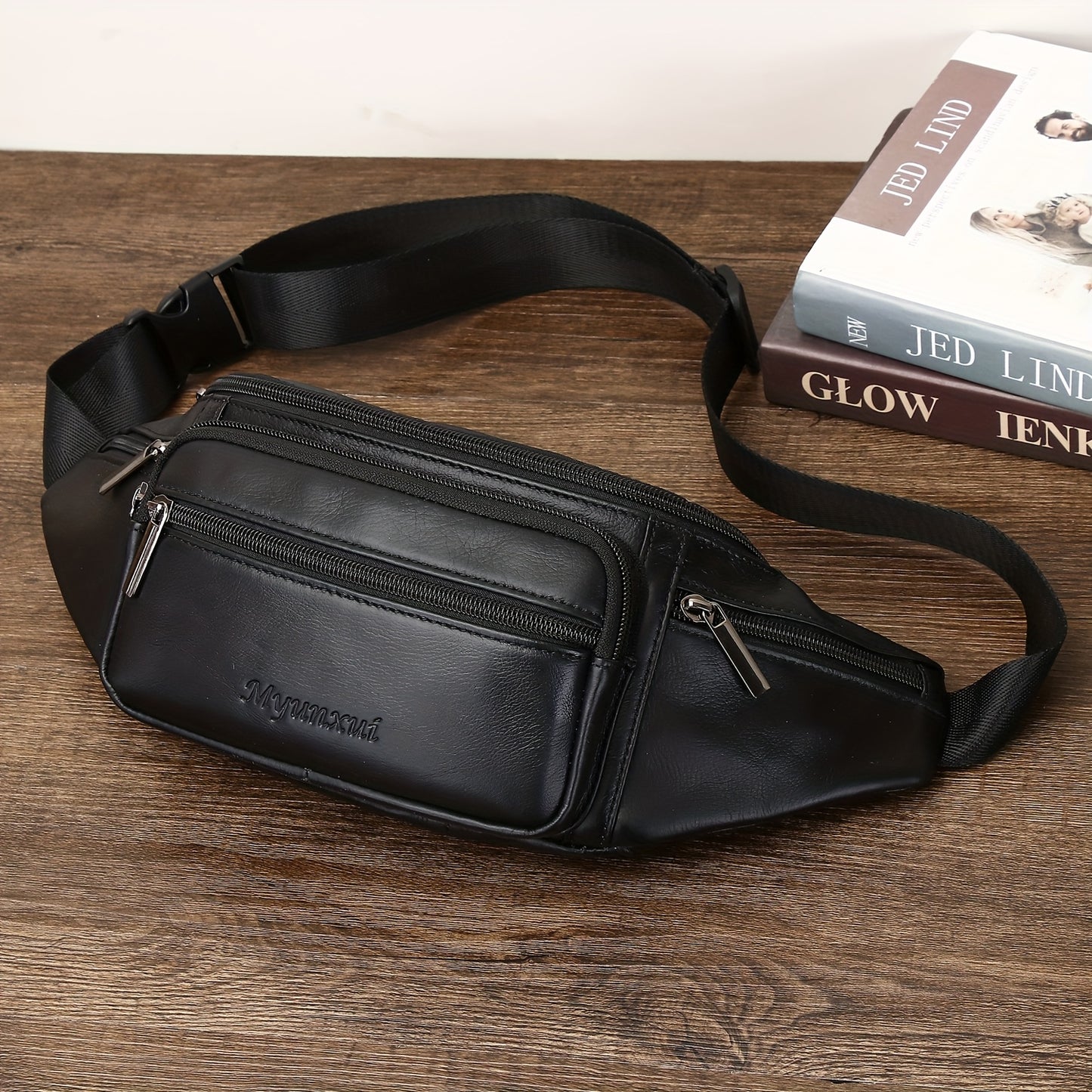 Men's Genuine Leather Belt Bag, Casual Top Layer Cowhide Fanny Pack, Black, with Adjustable 35.43inch Strap, Crossbody