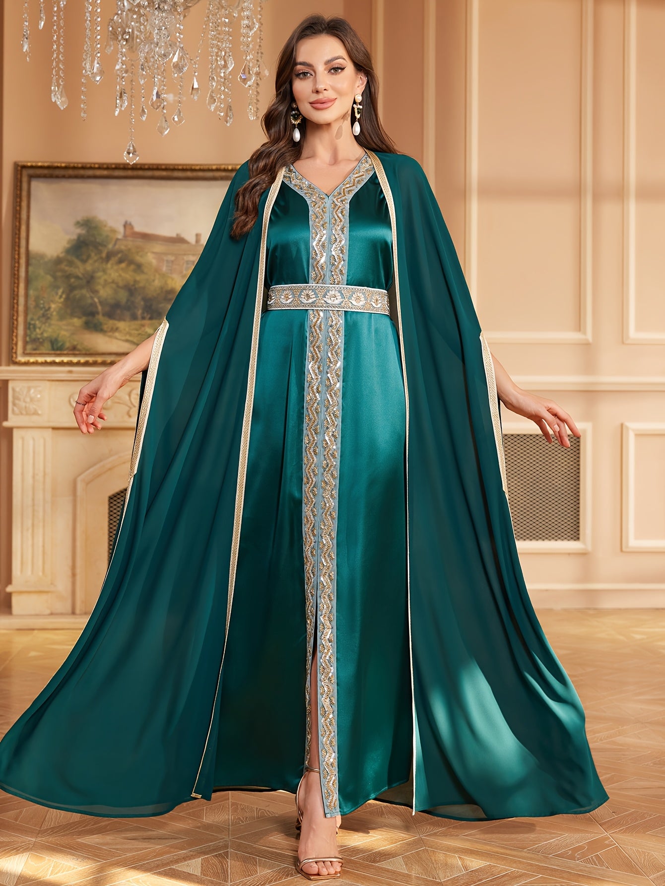 Arabian Middle Eastern Women's Long Abaya Dress Two-Piece Set, Embroidered Decoration, Chiffon V-Neck Dark Green, Elegant and Luxurious Court Style