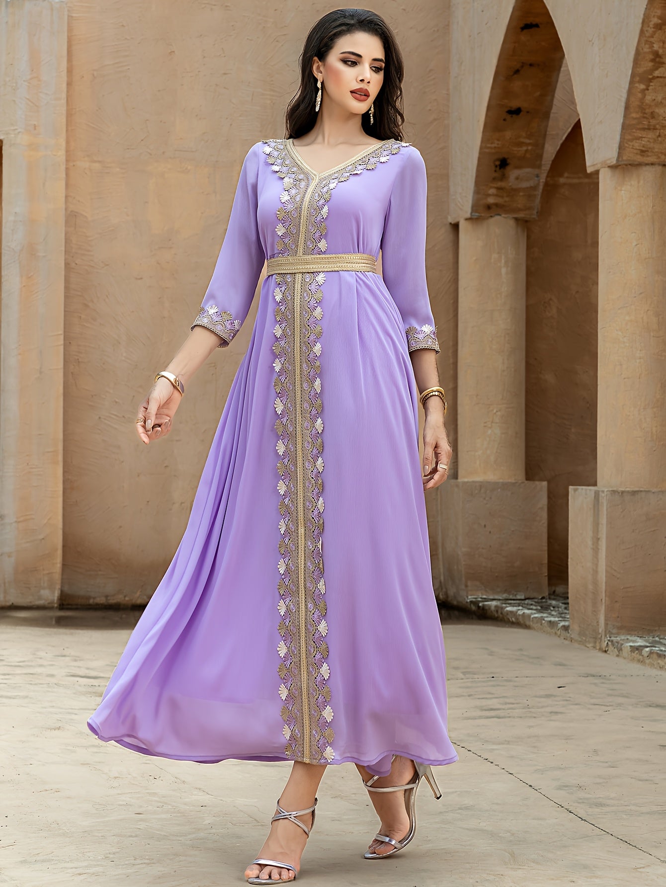 Women's Elegant Middle Eastern Turkish Abaya - Solid Color 100% Polyester with Lace Trim & Golden Accents, Long Sleeve Loose Fit for All-Season Wear, Hand Wash Only
