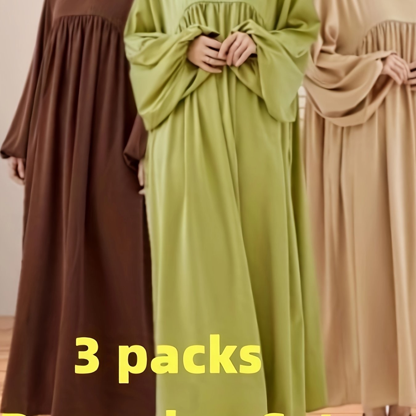 Ramadan Three-Pack Muslim Abaya Dress with Packaging, Soft and Comfortable, Flowing Wide Skirt, Extra Large Sleeves and Cuffs, Elastic