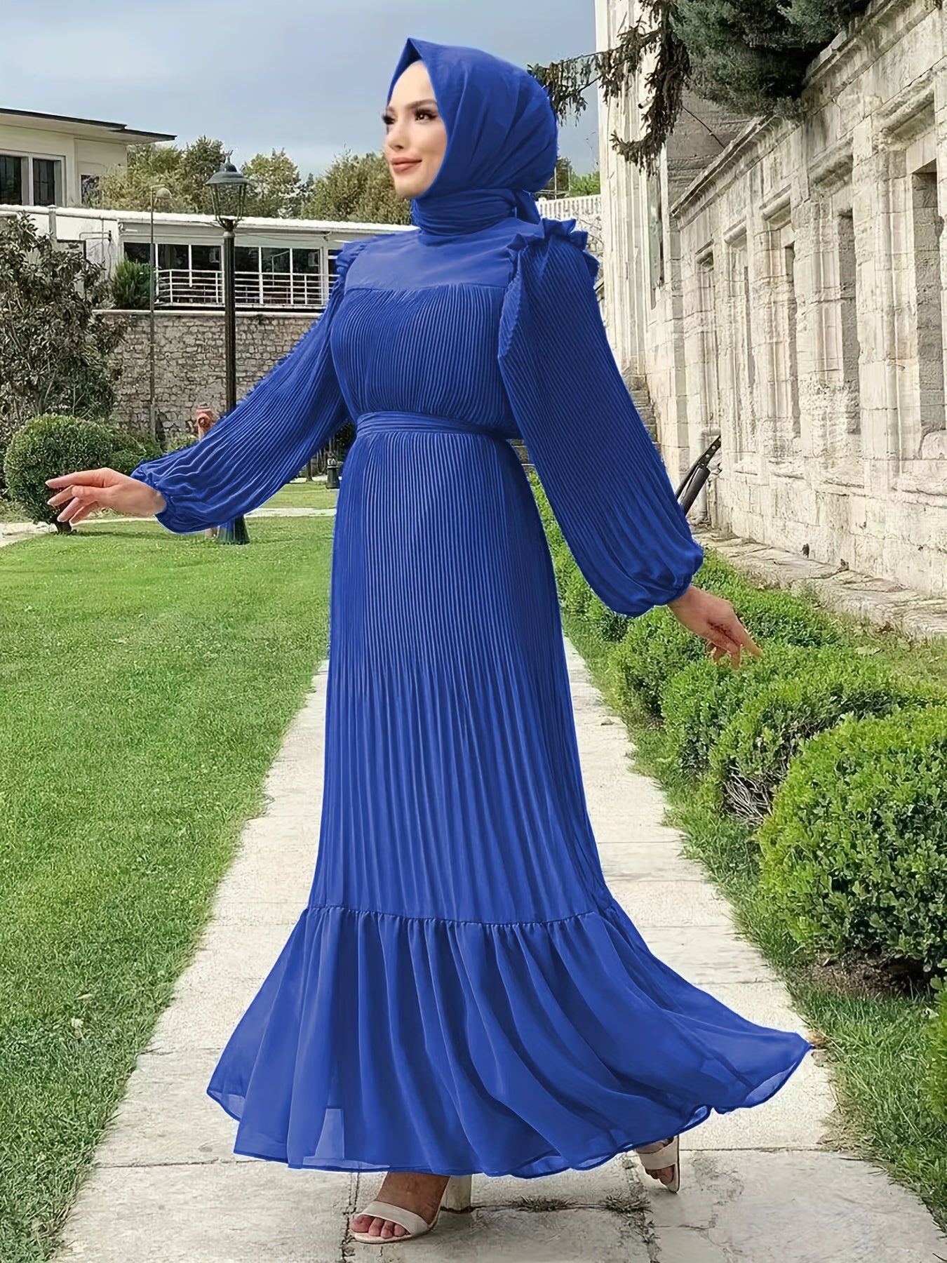 Women's Middle Eastern Muslim Baju Abaya Dress - Solid Color Pleated Long Sleeve with Belted Waist, Lightweight Breathable Fabric, Machine Washable Traditional Modest Dress
