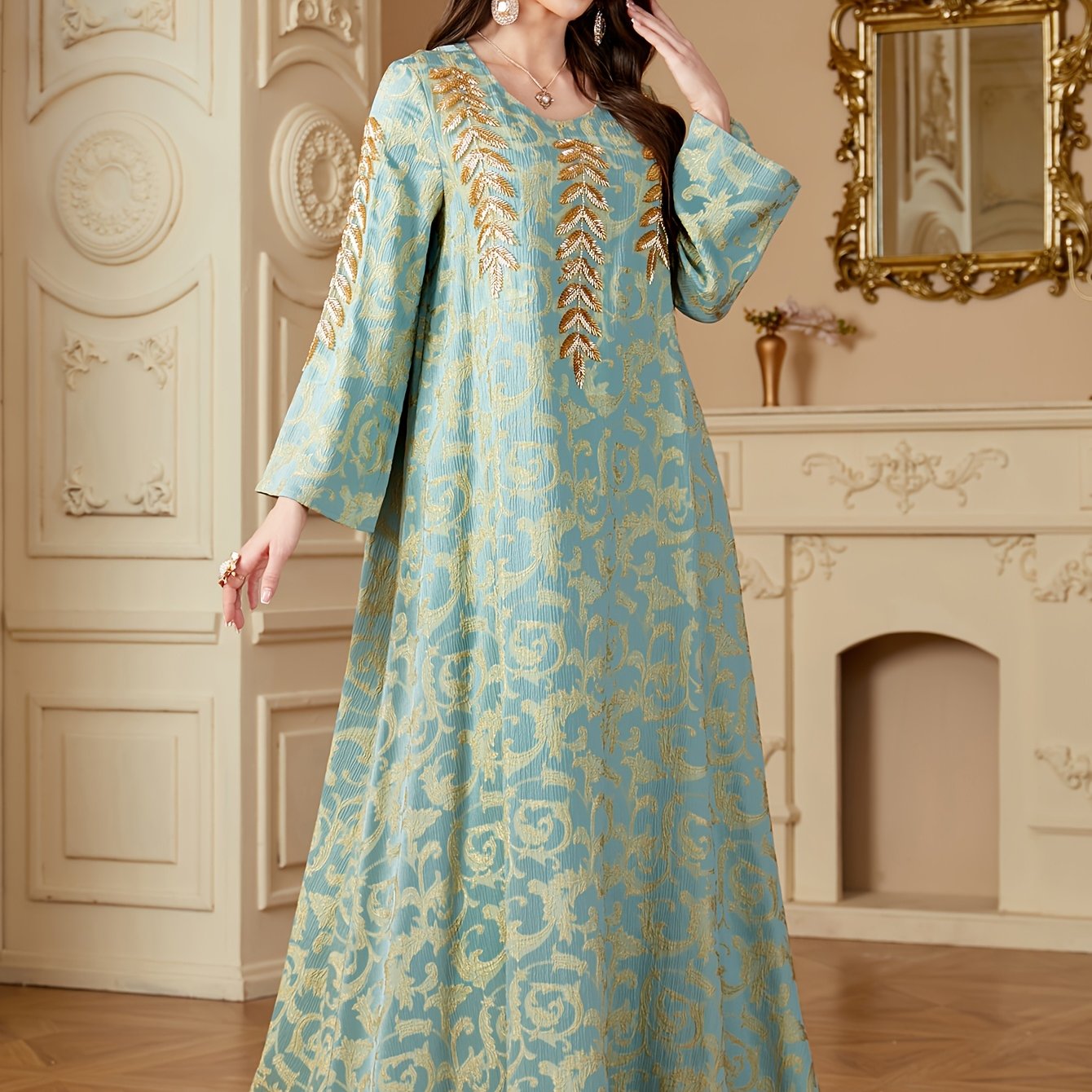 Women's Elegant Middle Eastern-Inspired A-Line Baju Abaya with Floral Appliqué & Beaded Embellishments - Long Sleeve Floor-Length Loose Fit Machine Washable All-Season Casual to Formal Wear